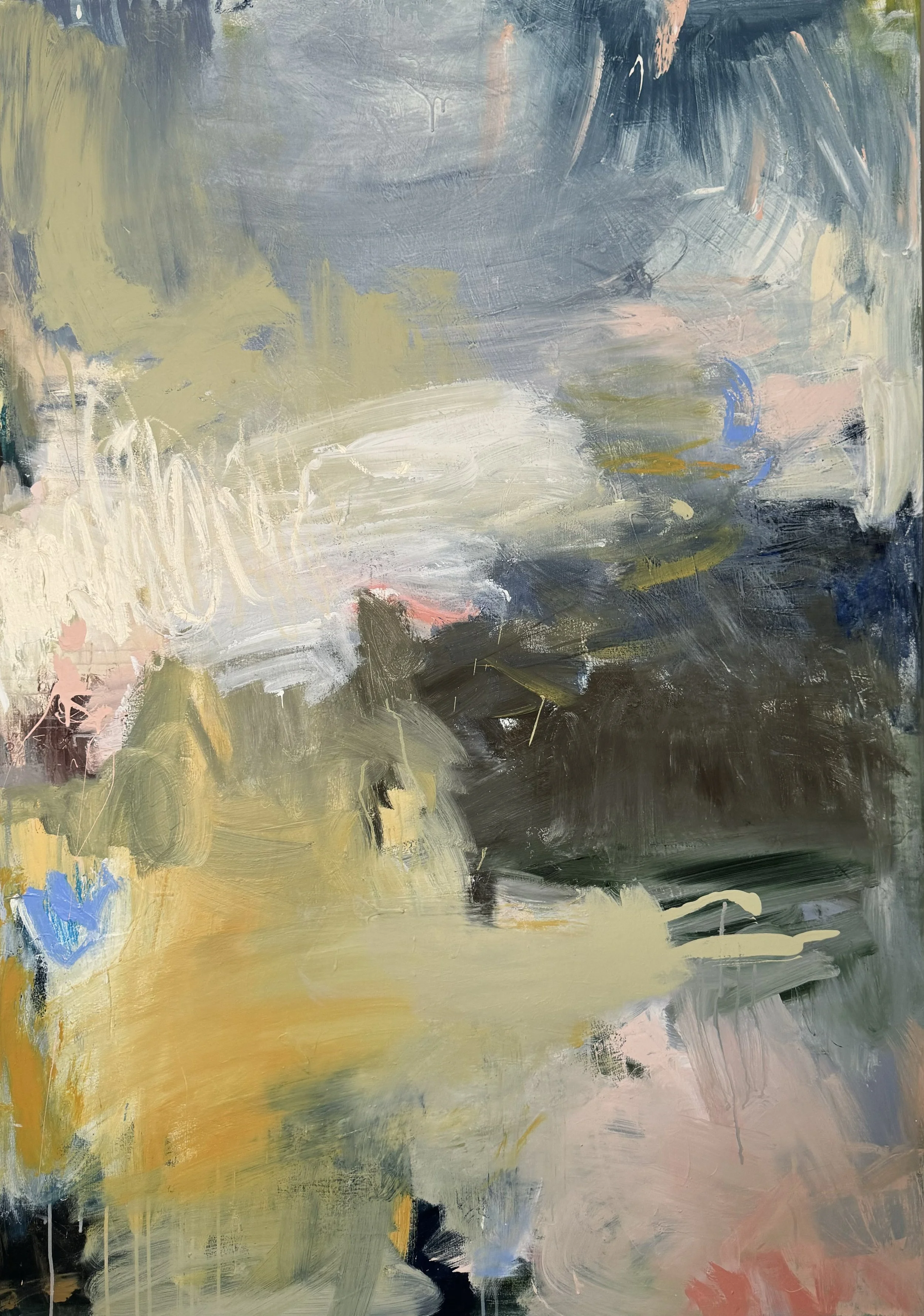 Abstract painting with sweeping brushstrokes in shades of blue, yellow, white, black, pink, and green.