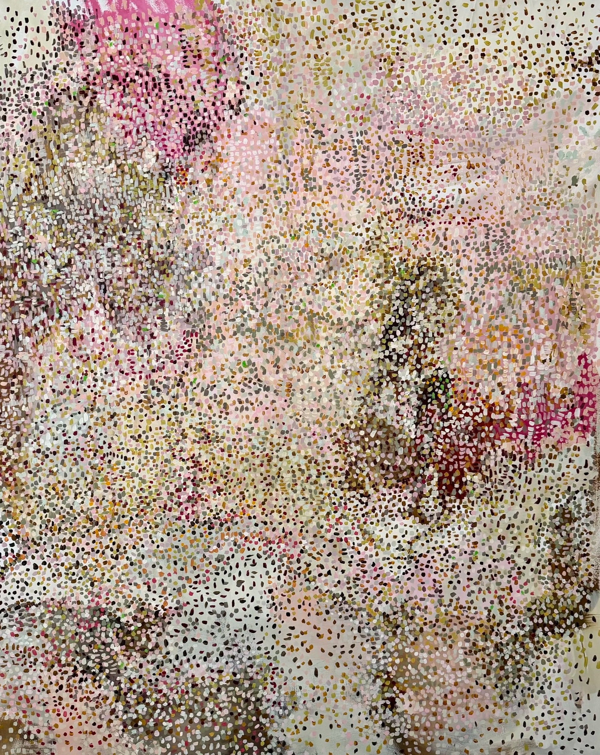 Abstract pointillist painting with pink, white, black, gold, and green dots covering the canvas in a colorful pattern.