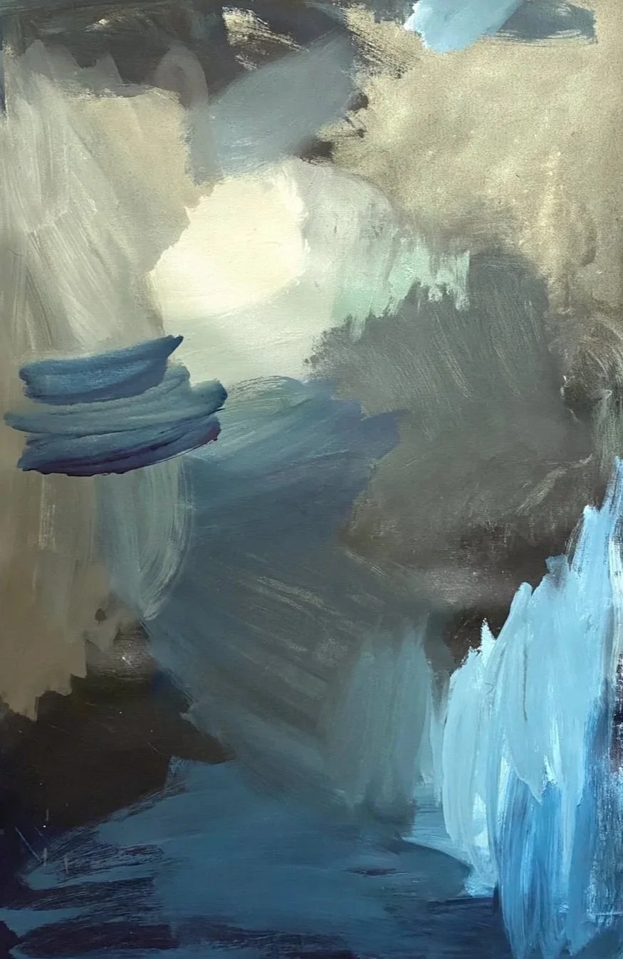 Abstract painting with shades of blue, gray, black, and white, featuring bold brushstrokes and layered textures.