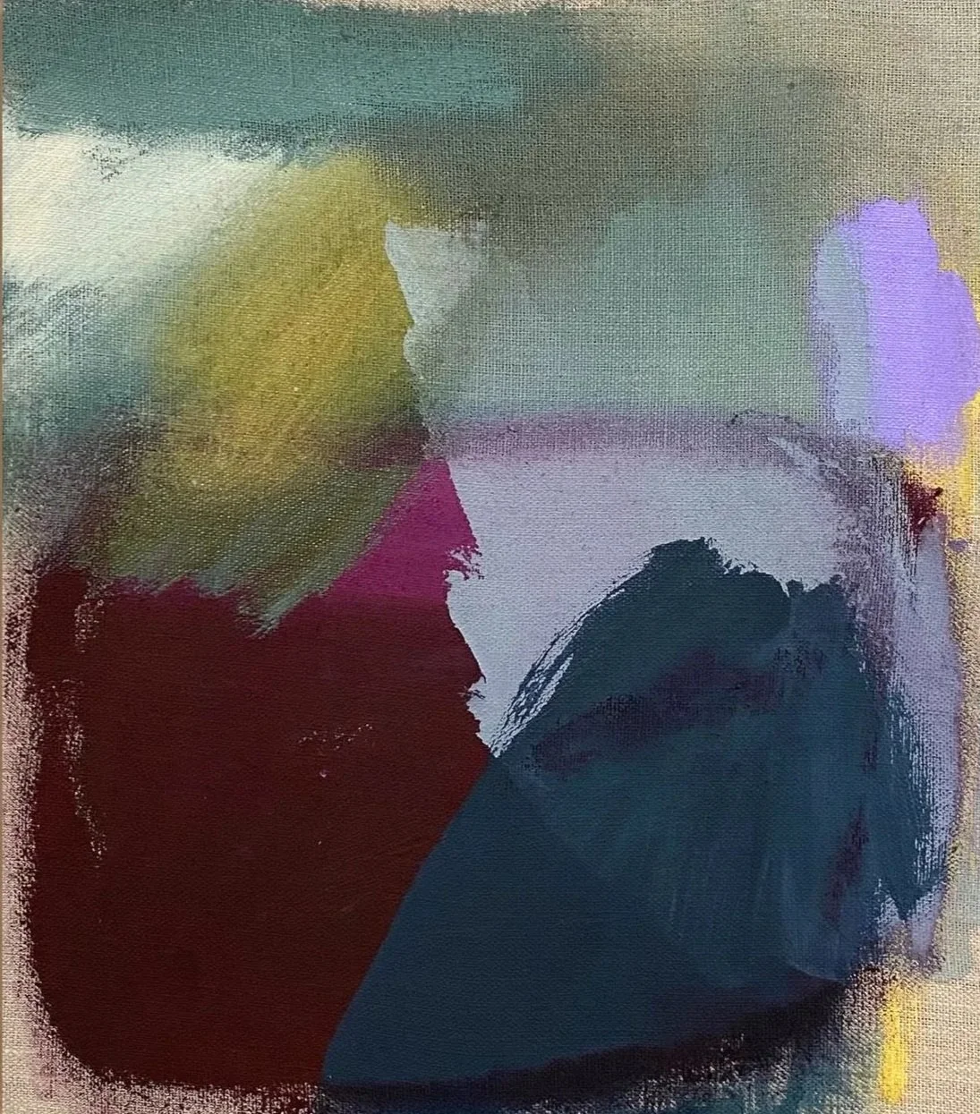 Abstract watercolor painting with various colors including yellow, green, purple, red, dark blue, and black, blended with soft edges.