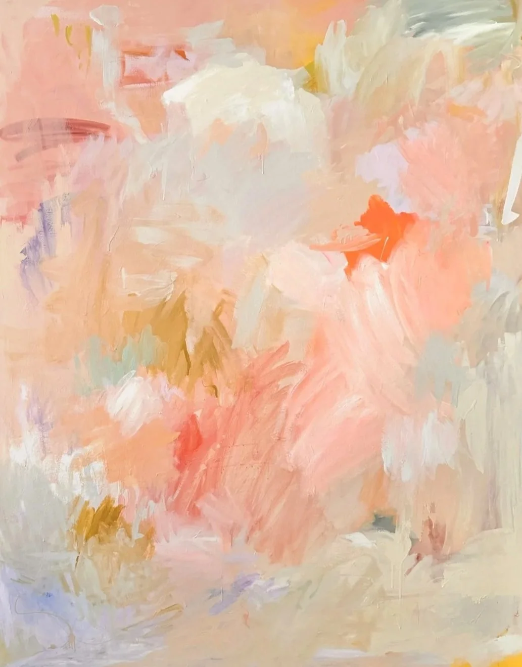 Abstract painting with soft pastel colors, including peach, white, beige, light purple, and hints of orange and green, featuring broad and varied brush strokes.