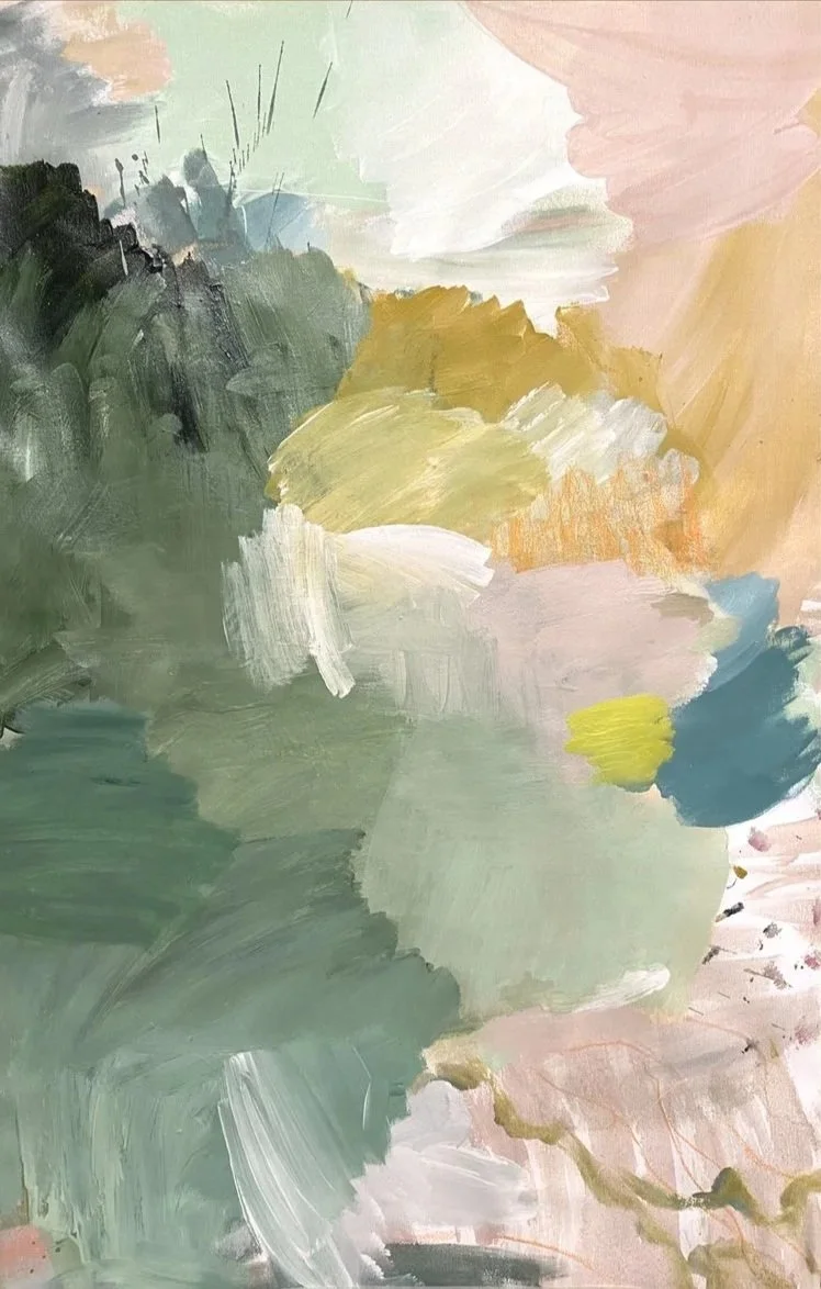 Abstract painting with large brushstrokes in green, yellow, pink, white, and blue tones.