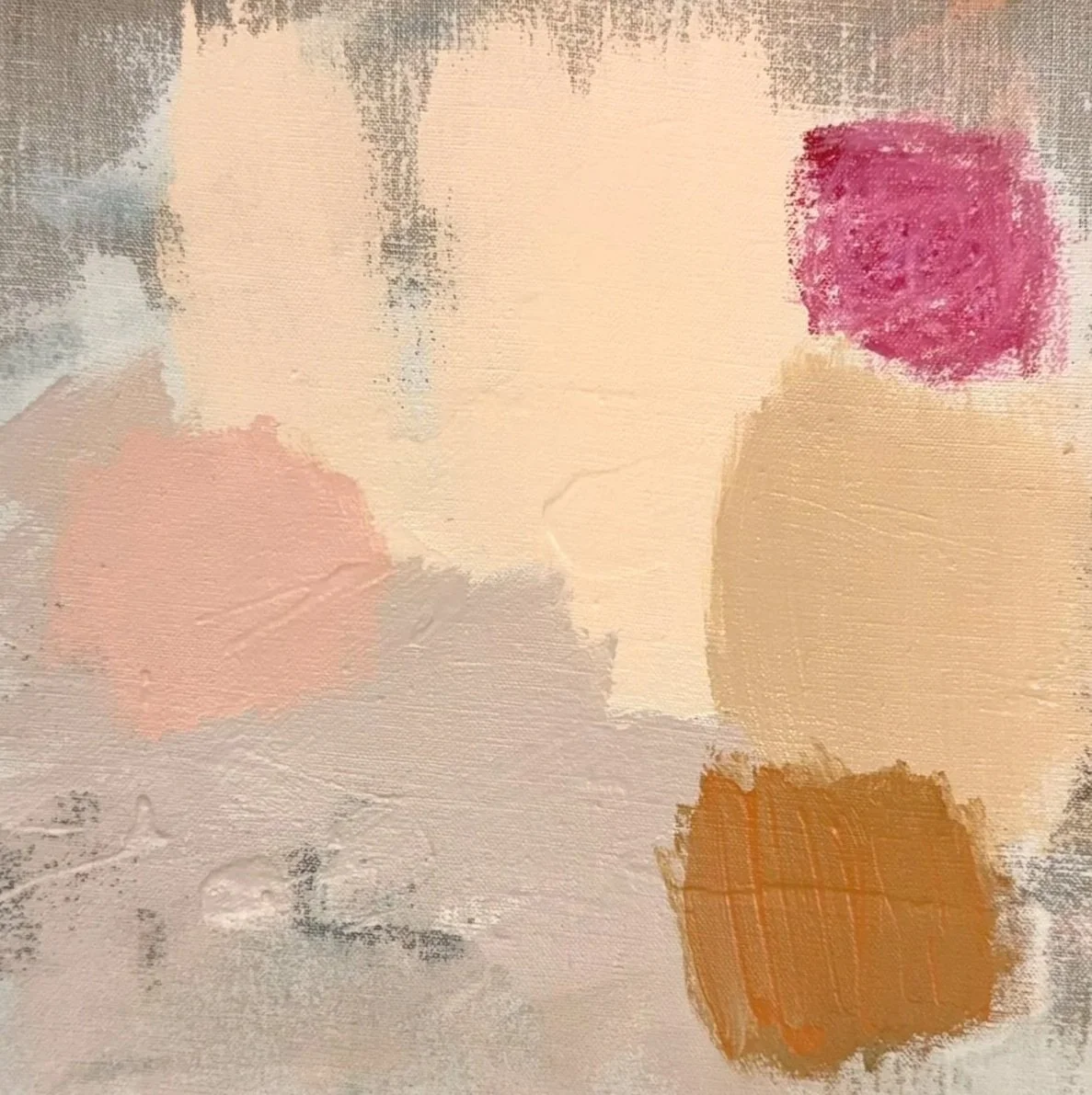 Abstract painting with various pastel and muted colors, including beige, pink, gray, orange, and red, featuring textured brushstrokes and overlapping hues.