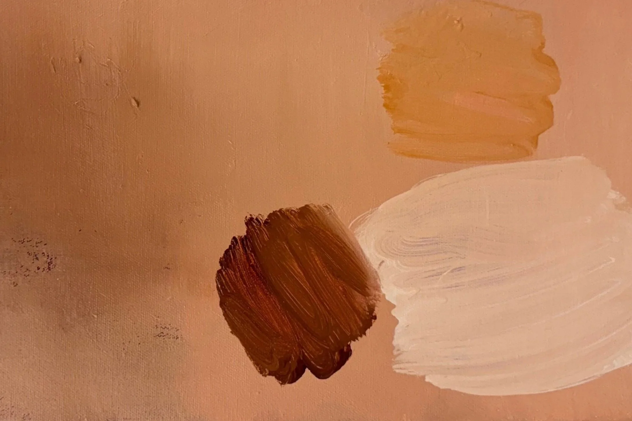 Abstract painting with a peach background featuring brushstrokes in brown, orange, white, and beige.