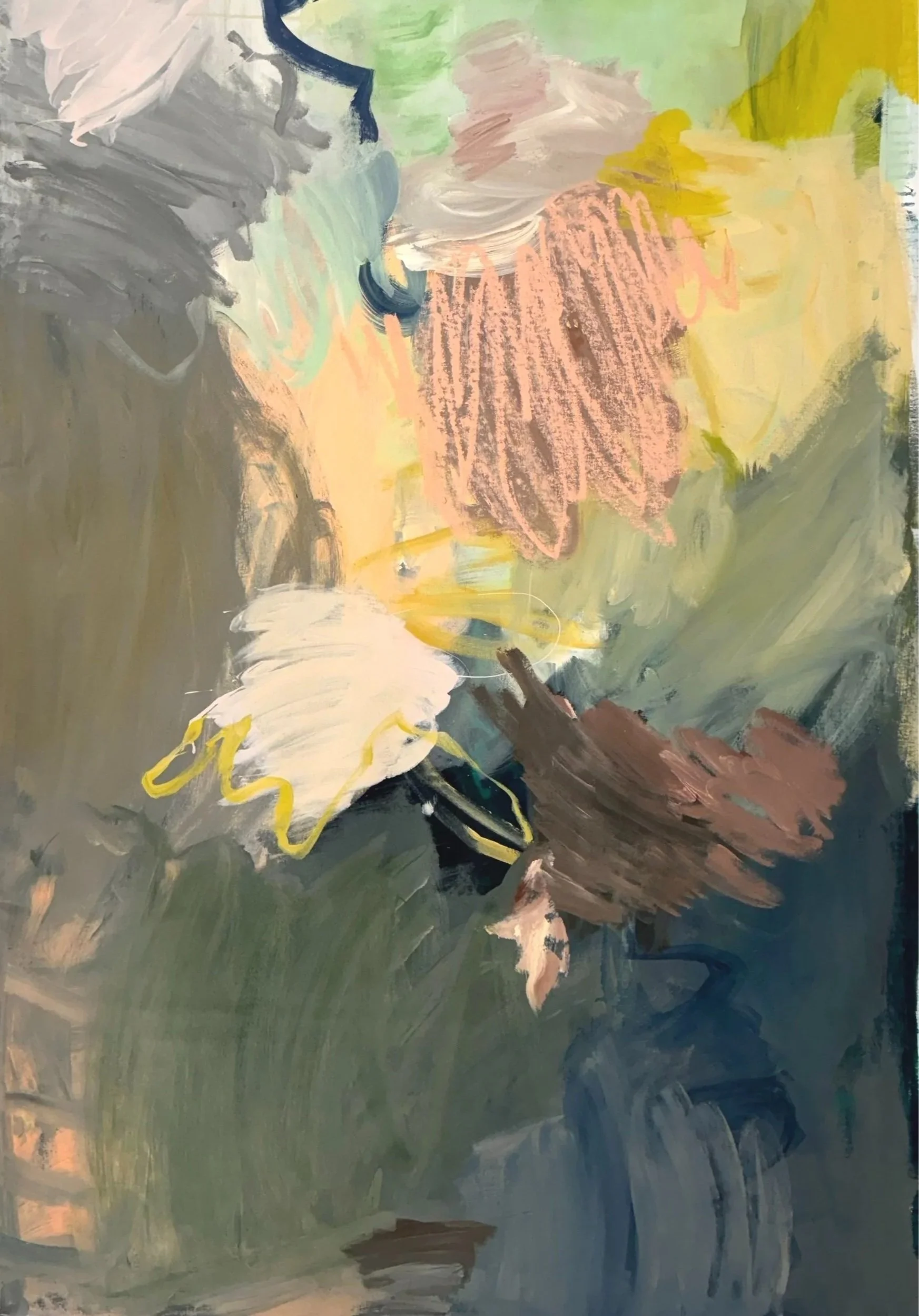 Abstract impressionistic painting with swirling colors including gray, white, pink, yellow, green, and blue, with no clear subject or objects.