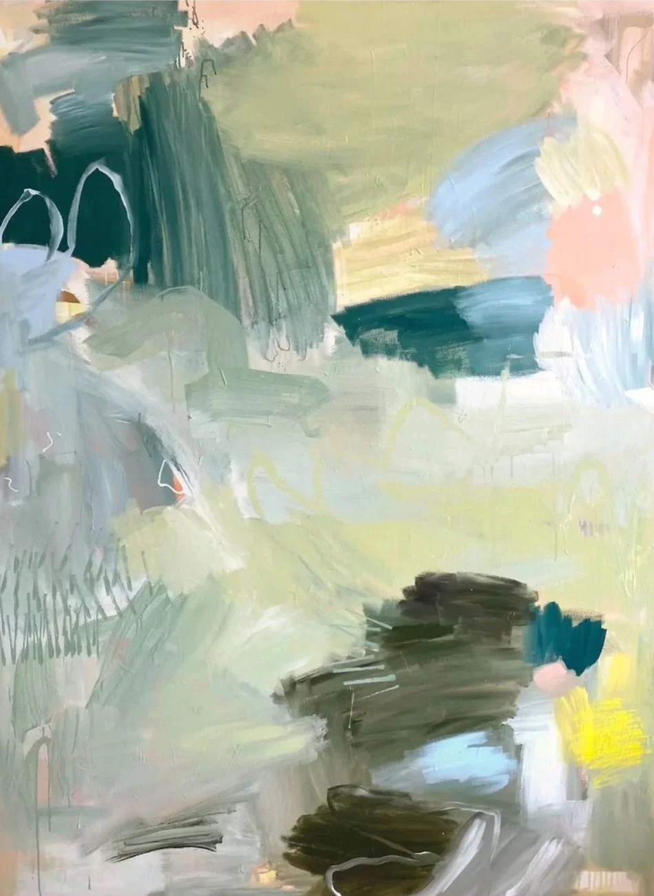 Abstract painting with brushstrokes in shades of green, blue, black, white, and pink.