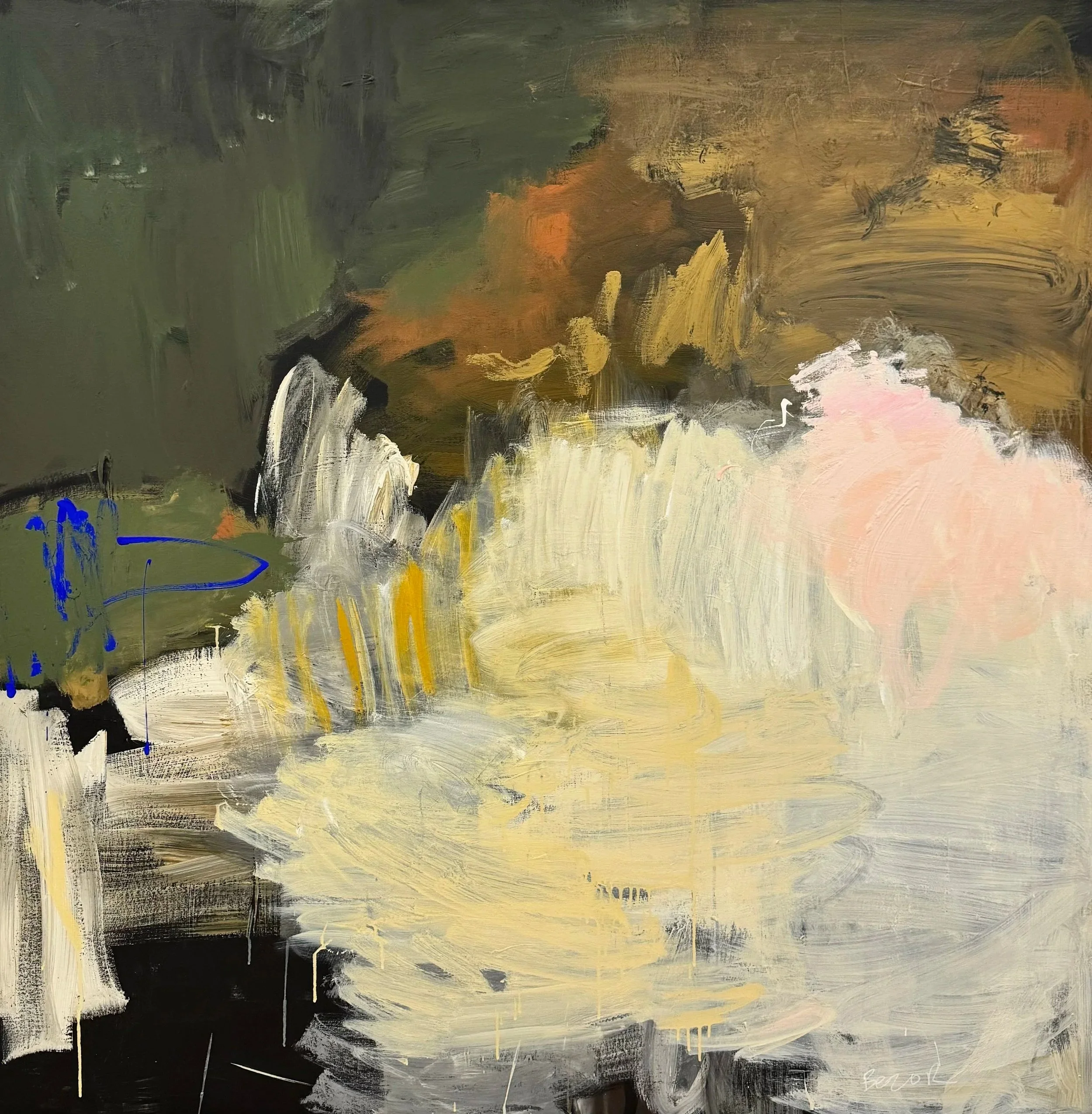 Abstract painting with dark green and black colors at the top transitioning to beige and gray tones towards the bottom, with some hints of pink, yellow, and white accents.