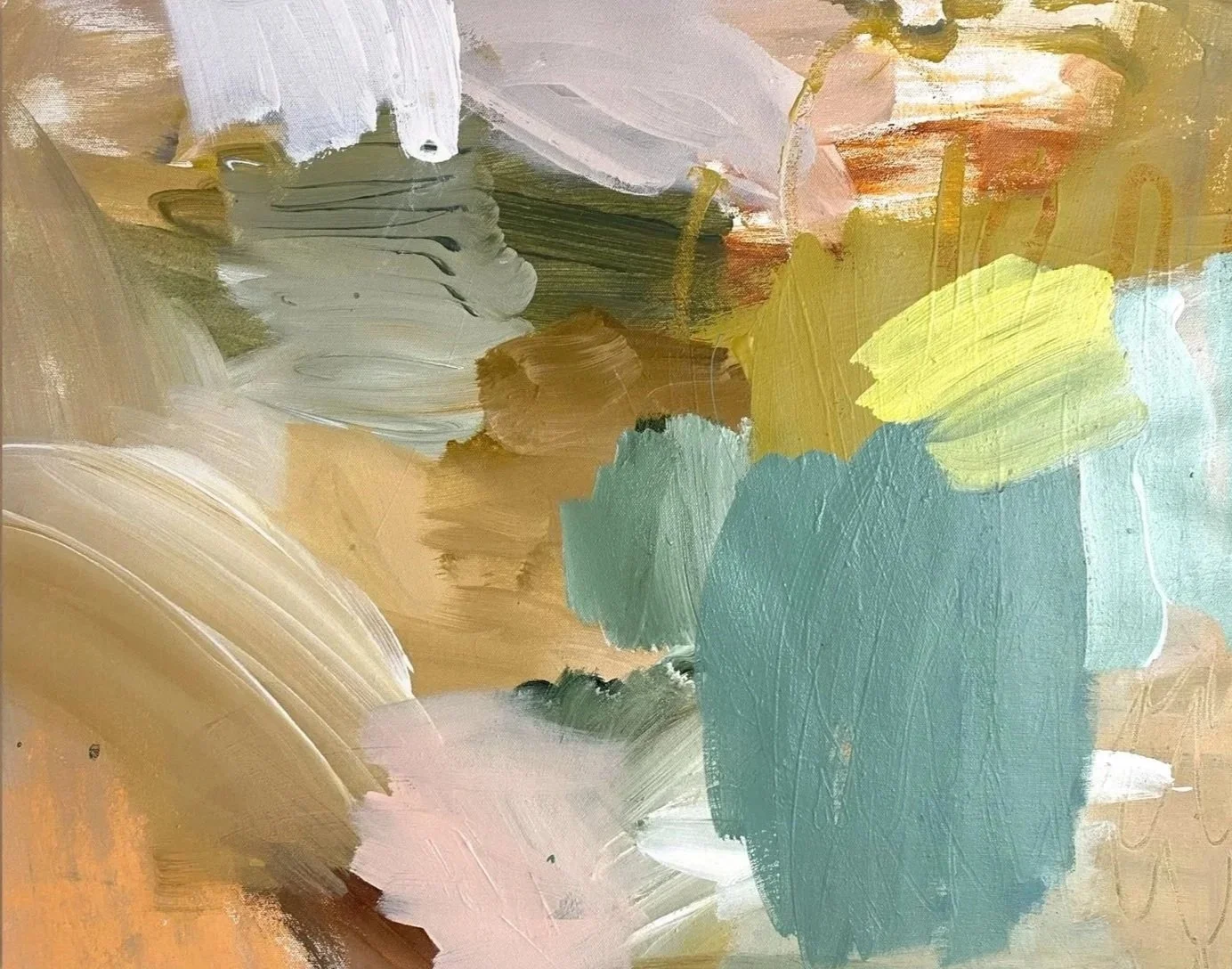 Abstract painting with broad brushstrokes in muted tones of beige, green, yellow, pink, and white.