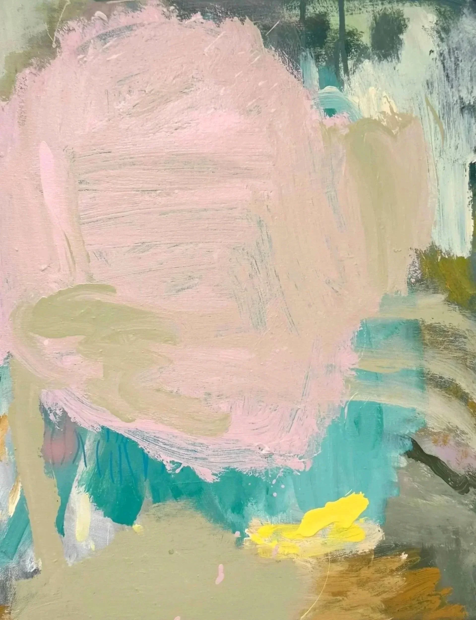 Abstract painting with swirls of pink, blue, yellow, green, and gray.