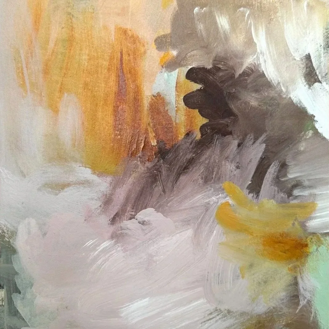 Abstract painting with warm yellows and oranges, dark brown and gray shapes, and white and light pastel areas.