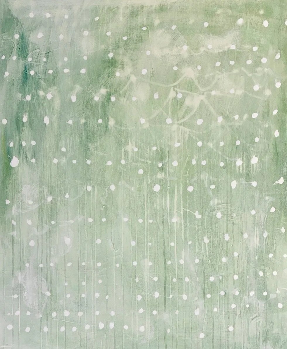 Green wall with white dots and faint chalk writing and smudges.