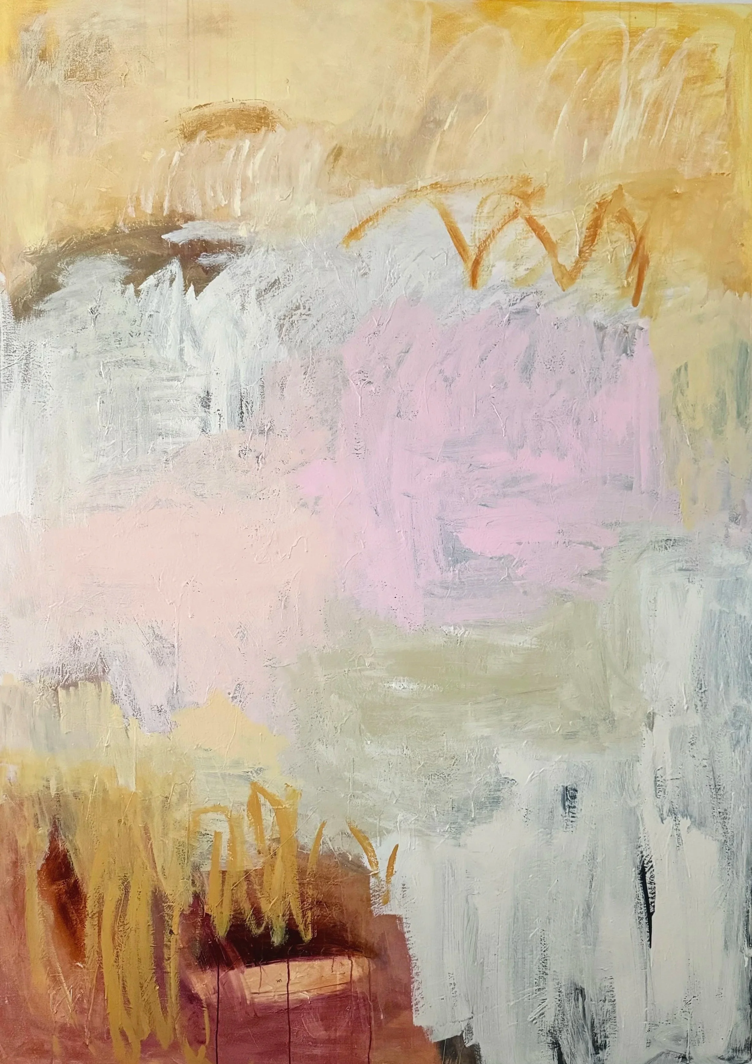 Abstract expressionist painting with layered brushstrokes in shades of yellow, pink, white, brown, and black. Contains some loose, gestural marks and textures.