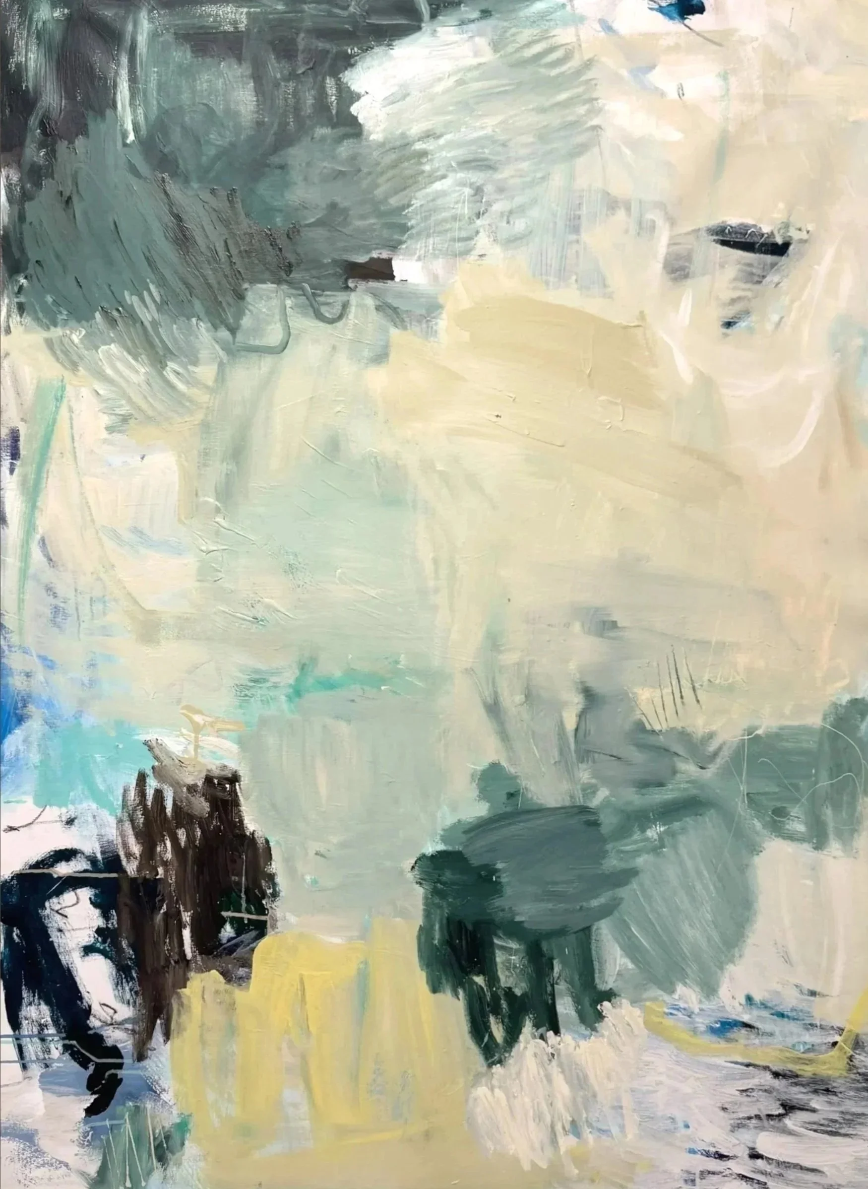 Abstract painting with brushstrokes in shades of green, yellow, black, and white, with some areas of blue.