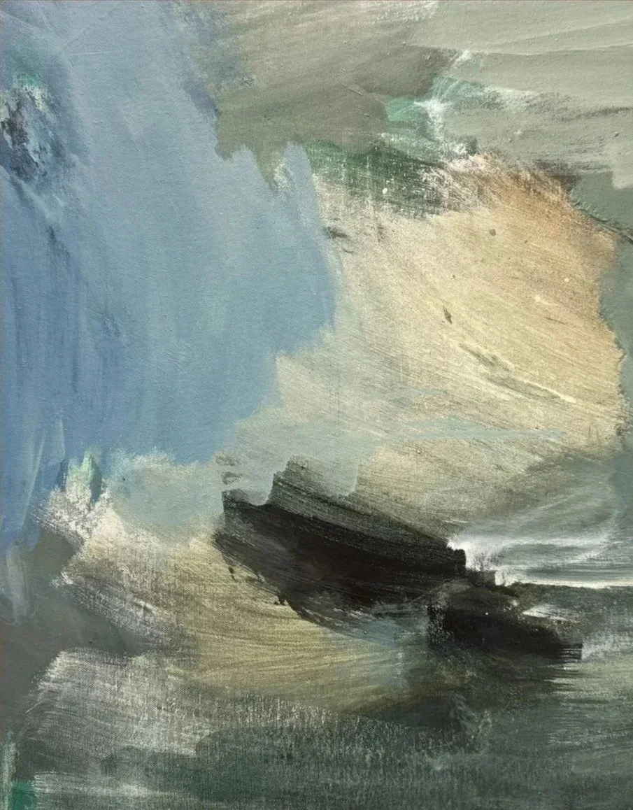Abstract painting with broad brushstrokes in shades of blue, black, beige, and green.
