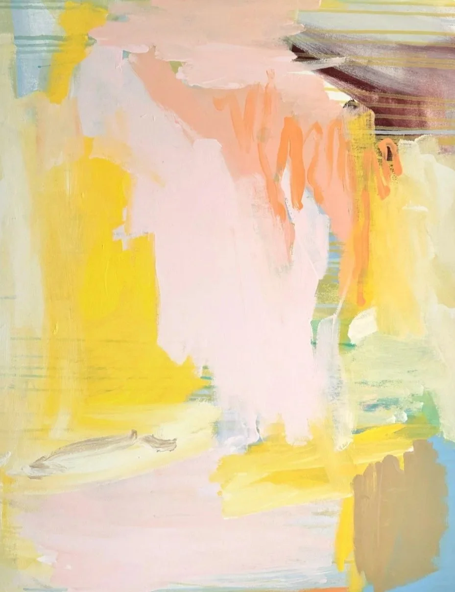 Abstract pastel-colored painting with shades of yellow, pink, peach, cream, and hints of blue and brown.