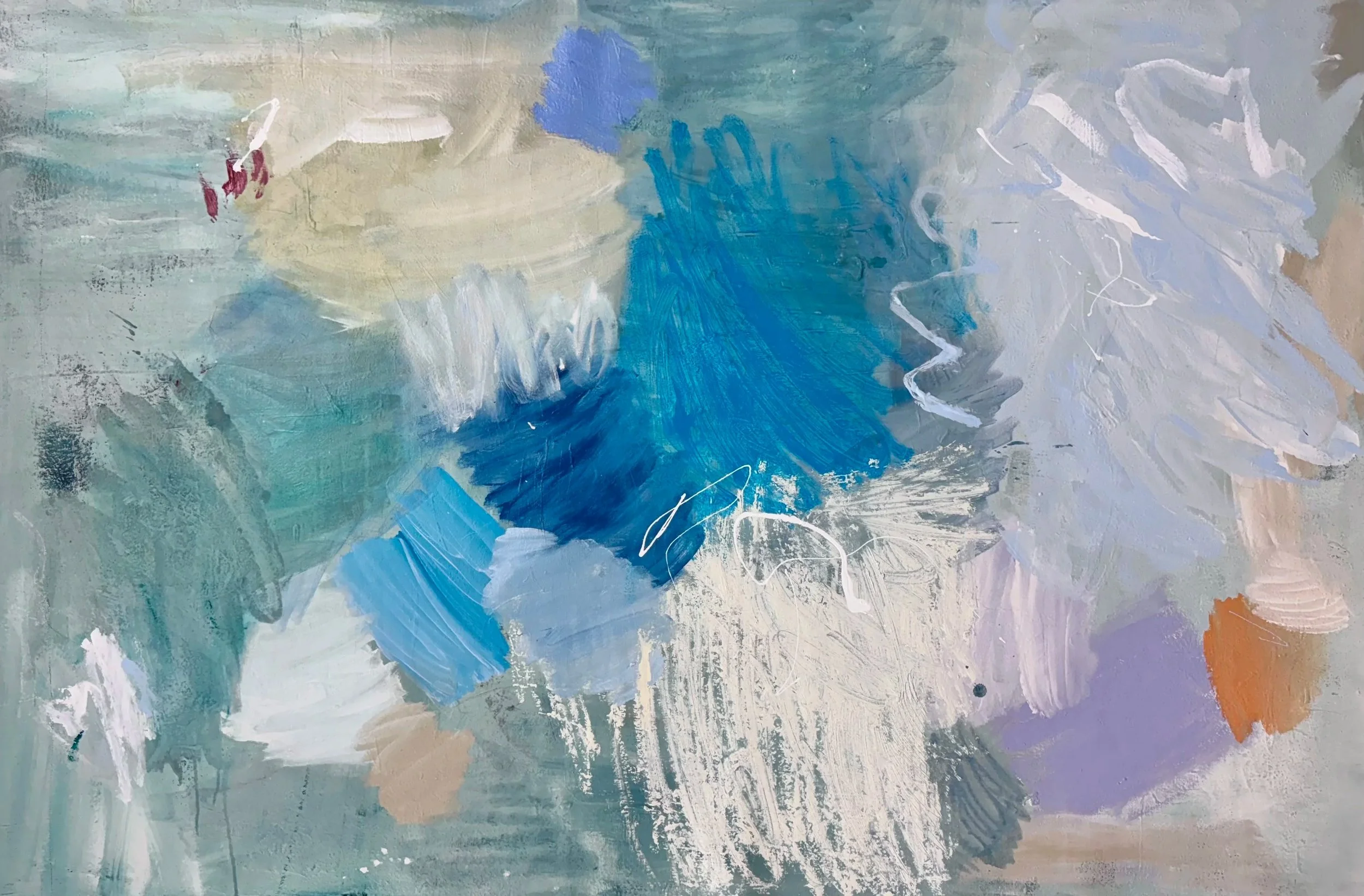 An abstract painting featuring broad brushstrokes in various shades of blue, white, gray, and hints of beige and orange.