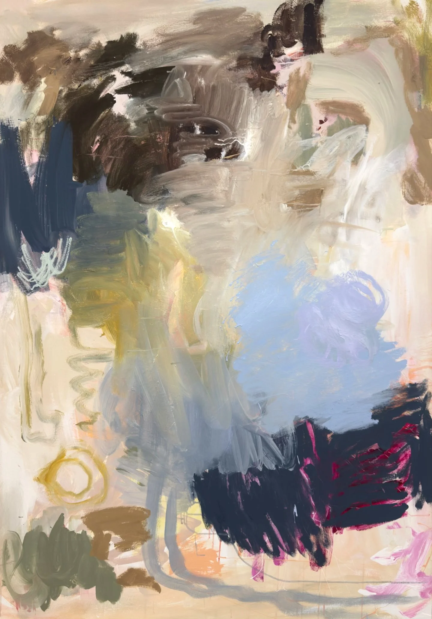 Abstract painting with broad brushstrokes in various colors including black, brown, beige, pink, blue, and yellow.