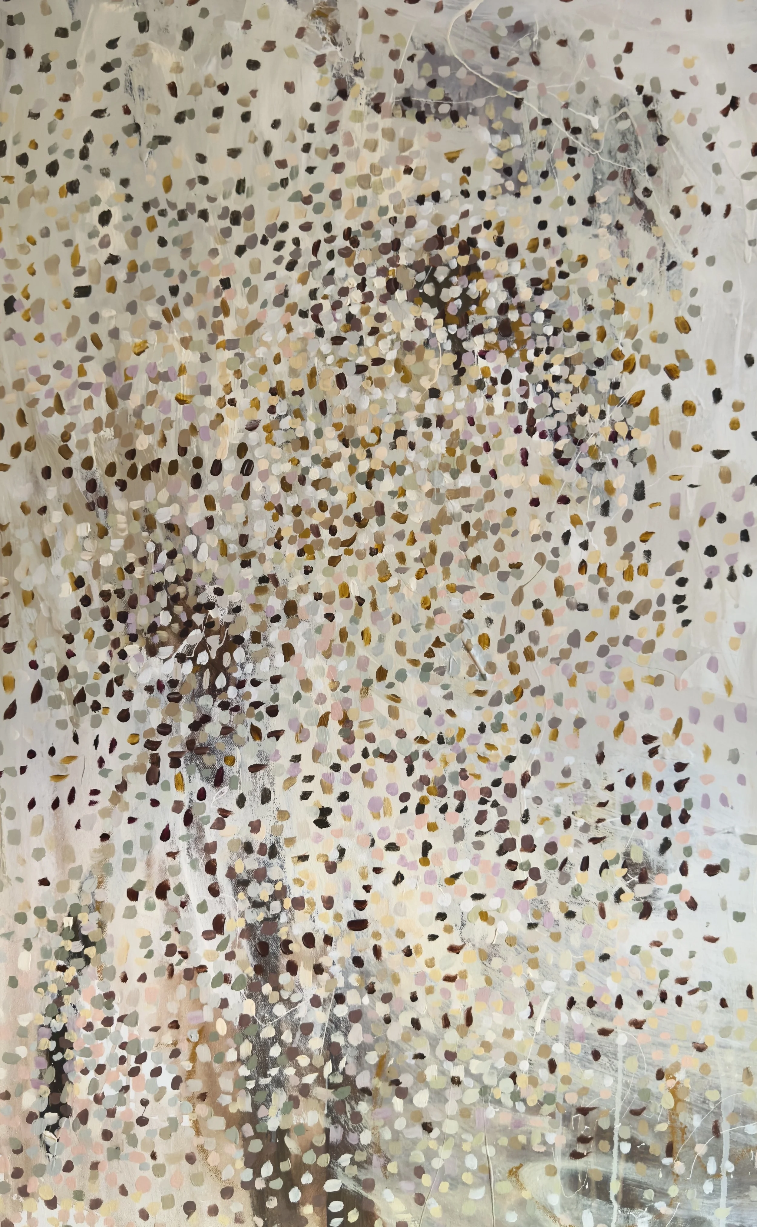 Abstract painting with numerous small, multicolored dots in shades of black, white, brown, pink, and green on a beige and white background.