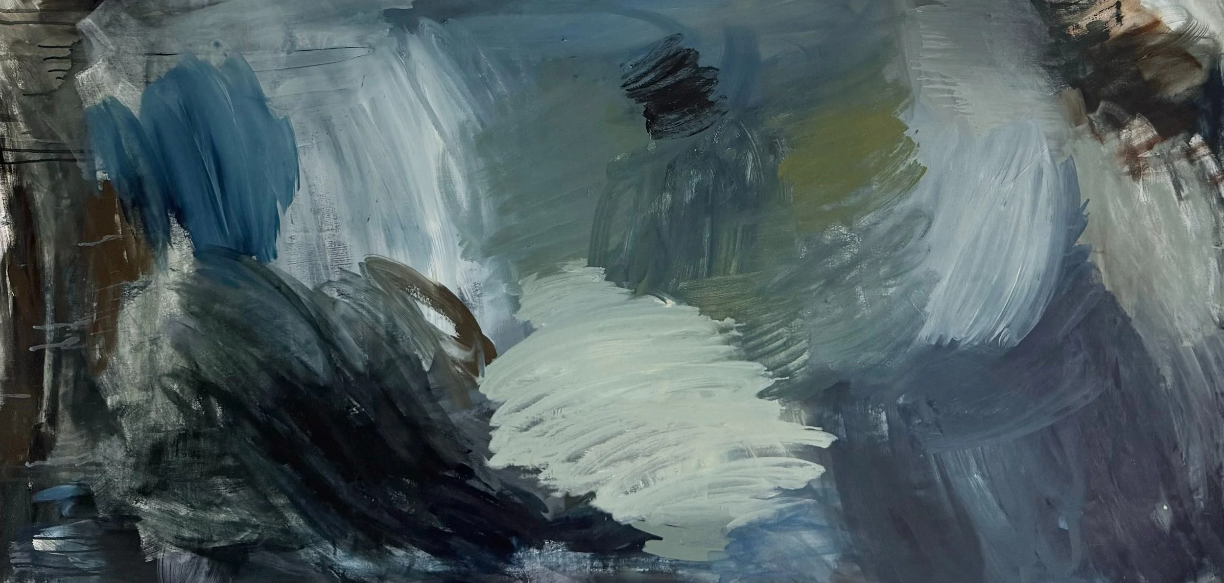 Abstract painting with broad brushstrokes in shades of blue, gray, white, black, and green.