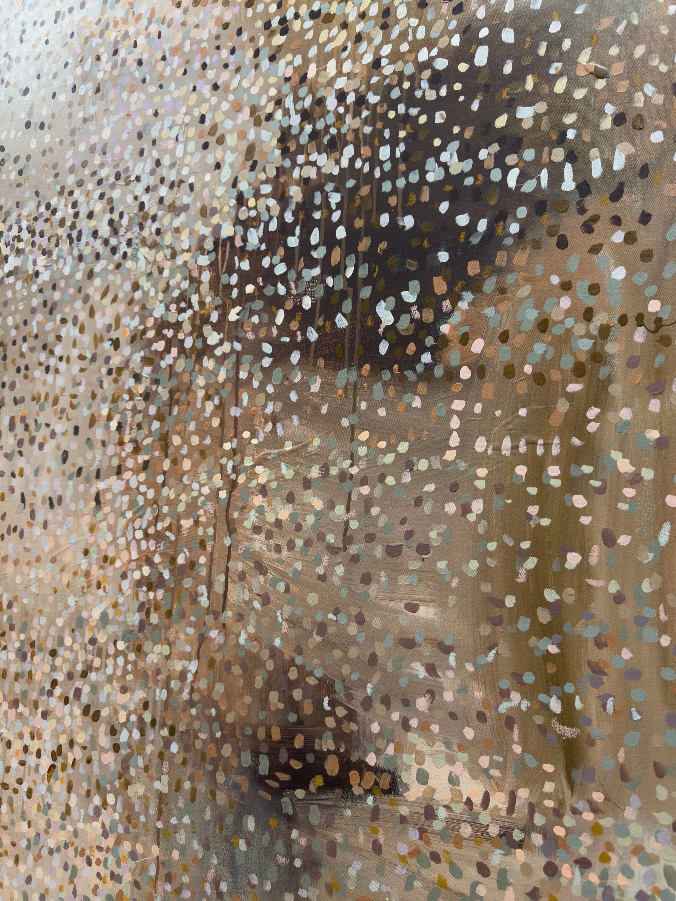 An abstract painting with numerous small, colorful, irregularly shaped dots in pastel shades, arranged in a loose, swirling pattern on a tan background.