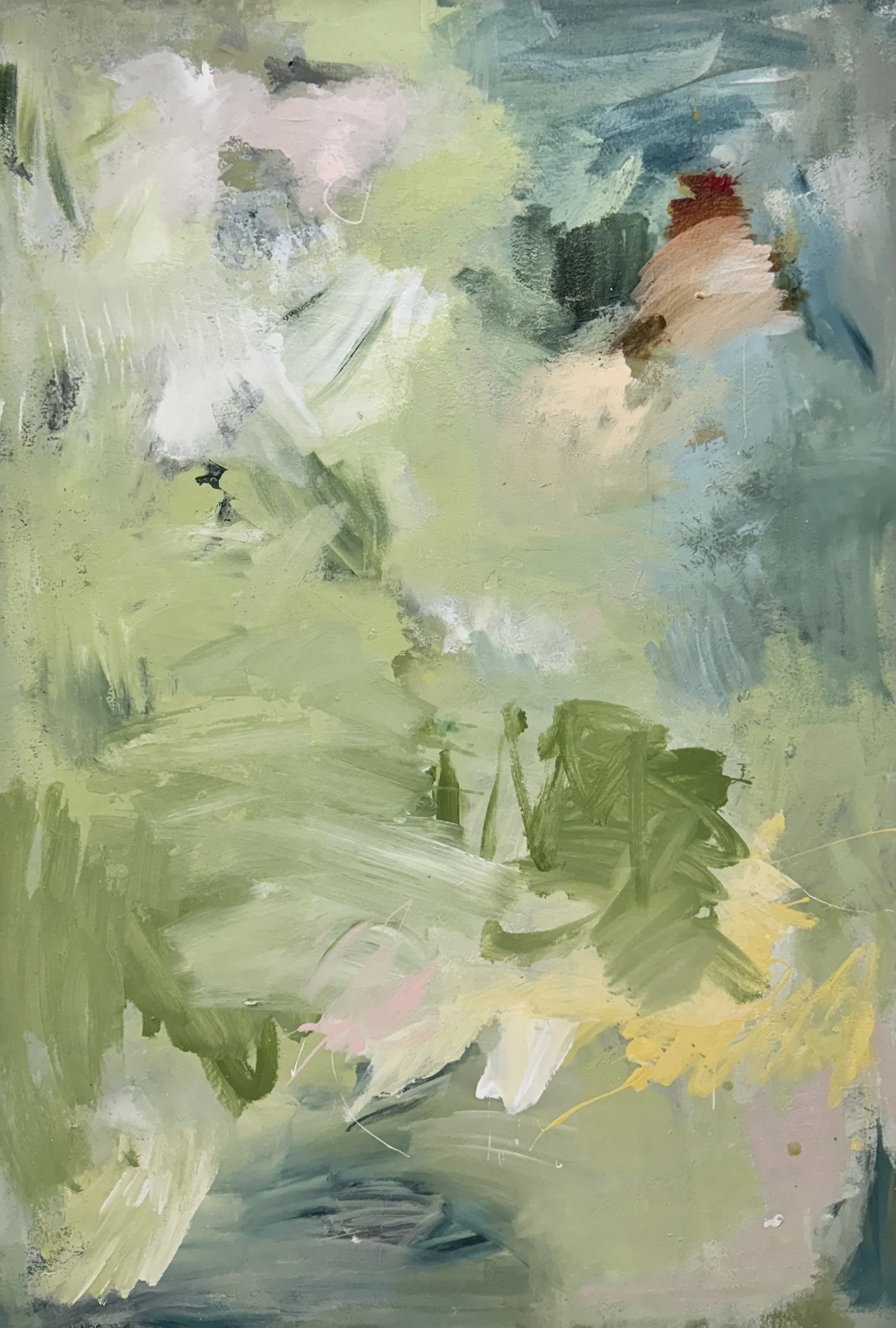 Abstract painting with green, blue, beige, pink, and yellow hues, composed of loose brushstrokes and layered textures.