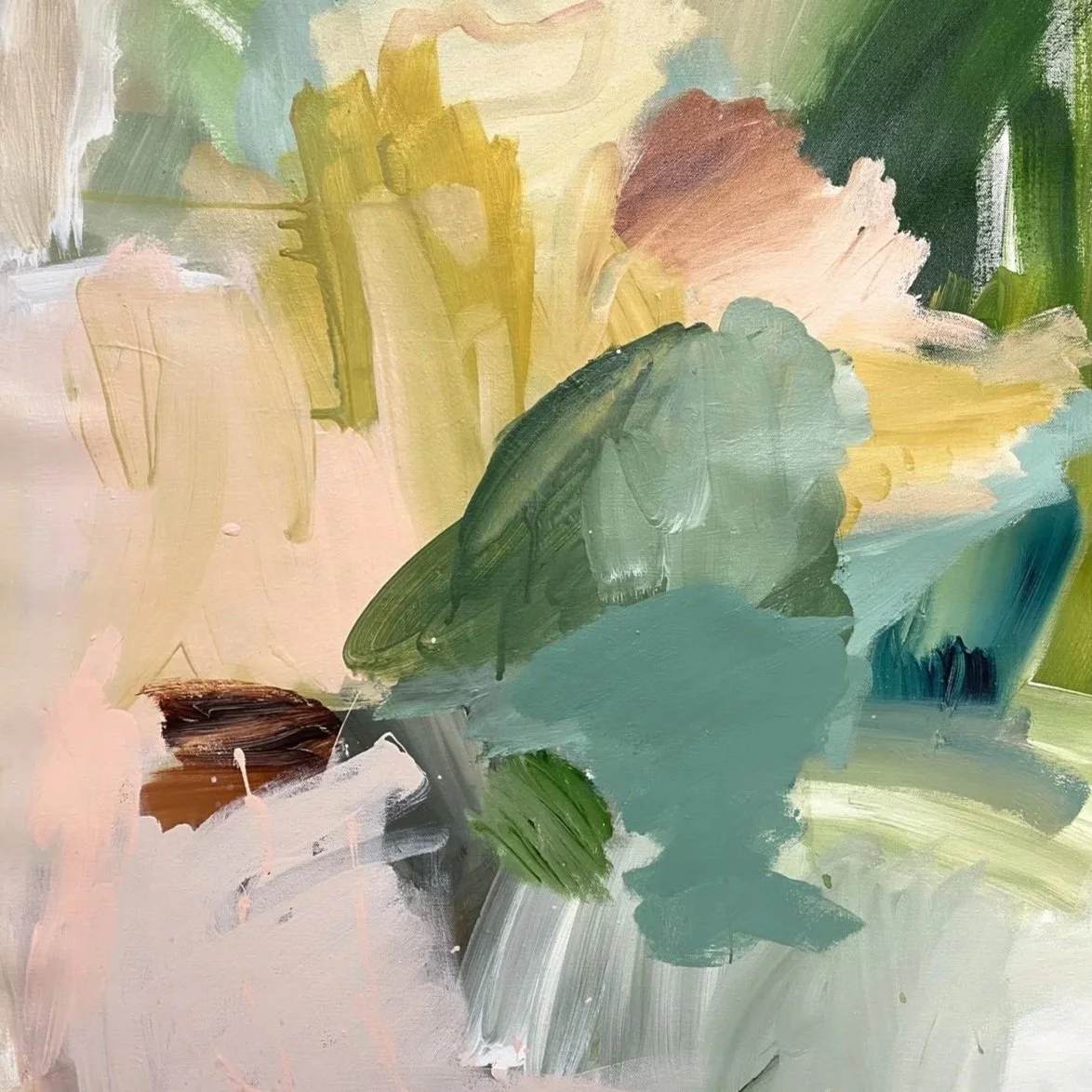 Abstract painting with broad brushstrokes in pastel and dark shades of green, pink, yellow, beige, and brown, creating a textured, colorful composition.
