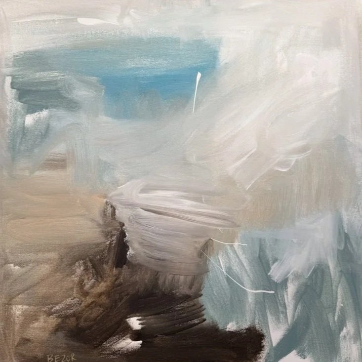 Abstract painting with blue, cream, gray, and black brushstrokes.