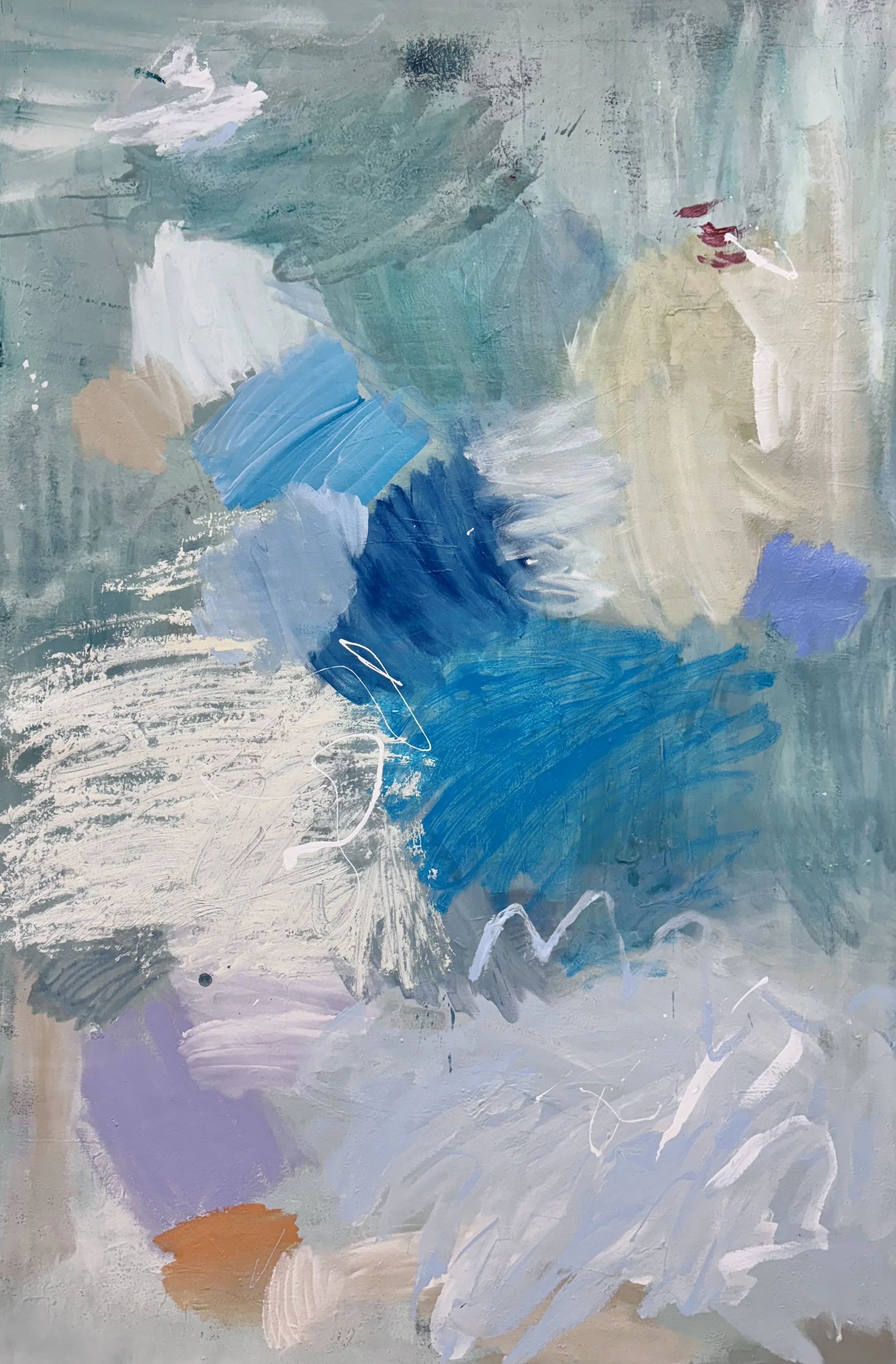 Abstract painting with shades of blue, white, beige, purple, and orange, featuring broad brushstrokes and layered textures.
