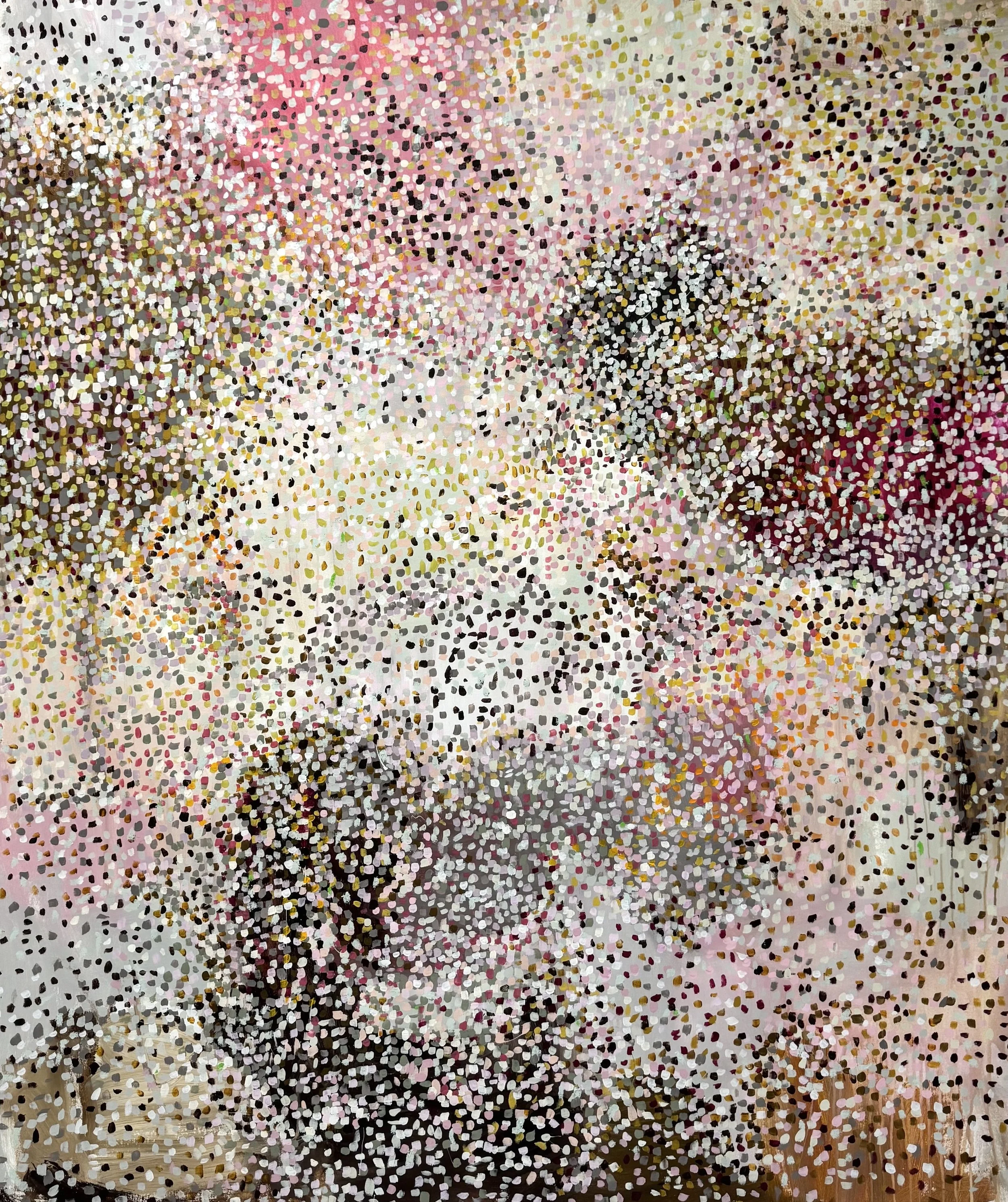 Close-up of a painting created with colorful dots, resembling pointillism, featuring soft pink, white, red, black, and gold dots.