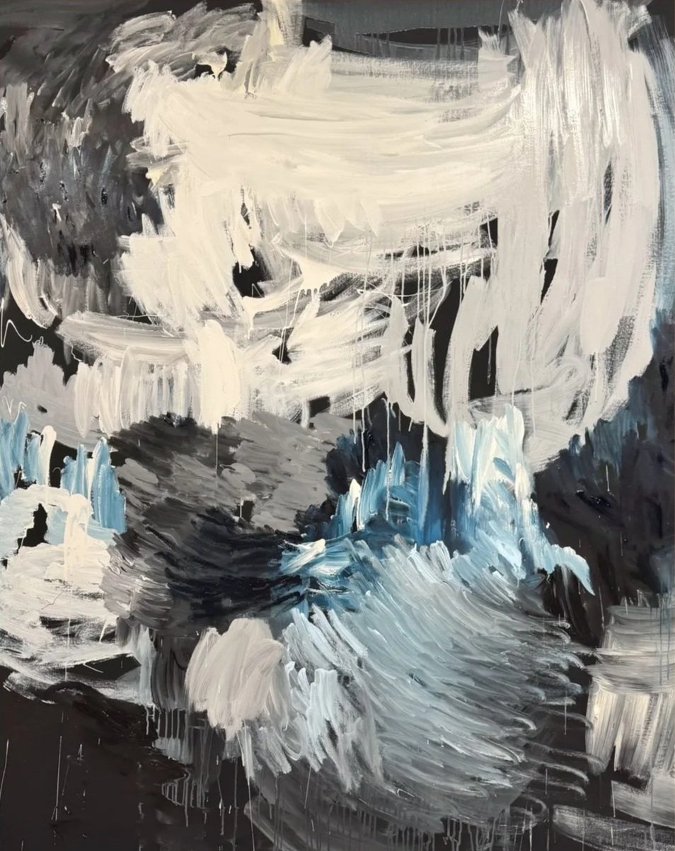 Abstract painting with swooping white, black, and blue brushstrokes on a dark background.