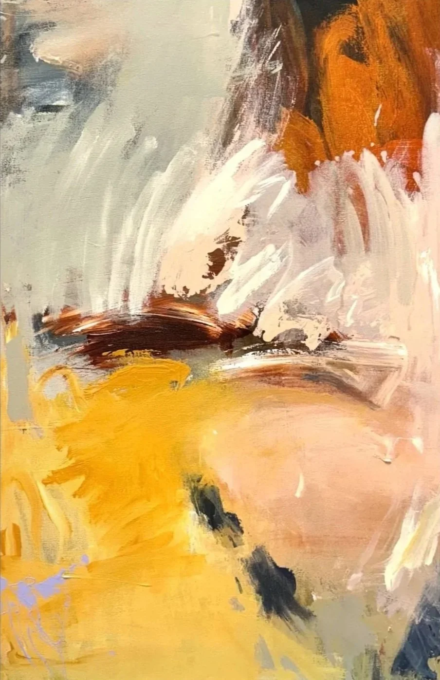 Abstract painting with bold strokes and colors, including yellow, white, brown, peach, and gray.