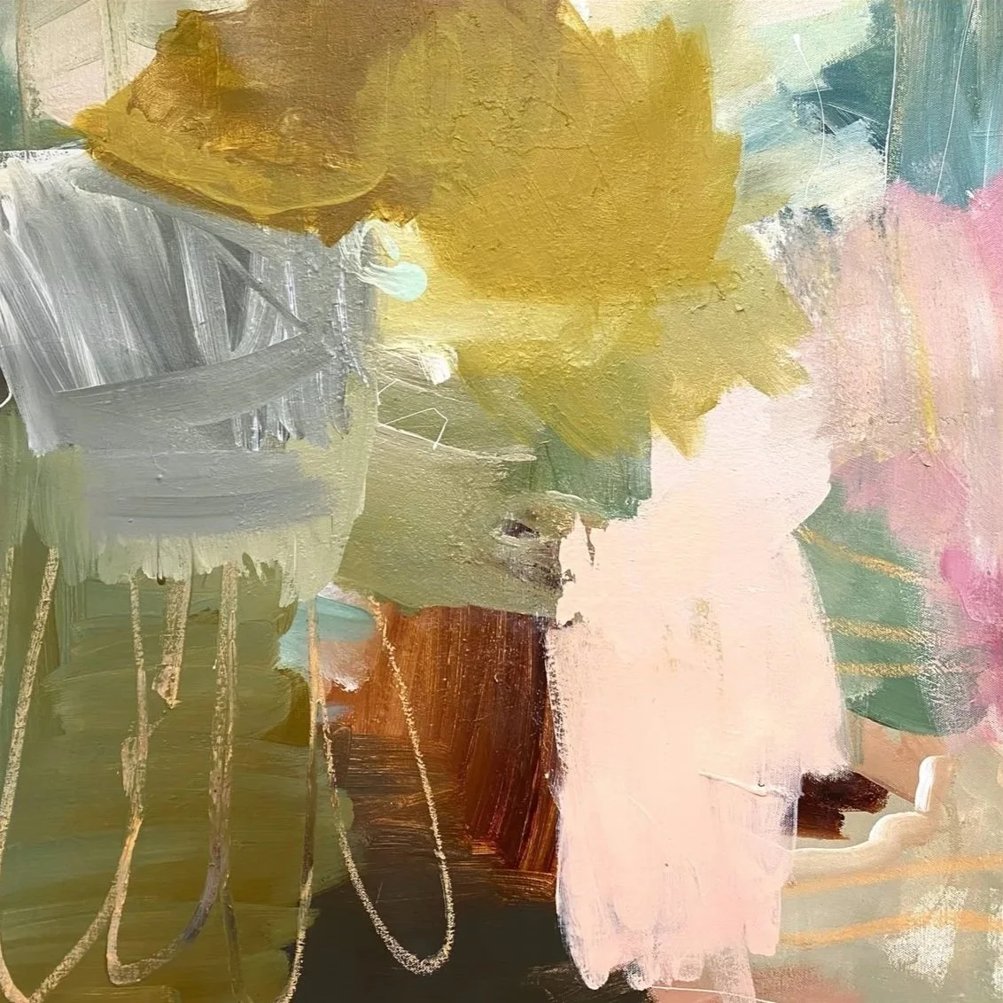 Abstract painting with broad brushstrokes in shades of yellow, green, pink, white, and brown, featuring textured layers and overlapping colors.
