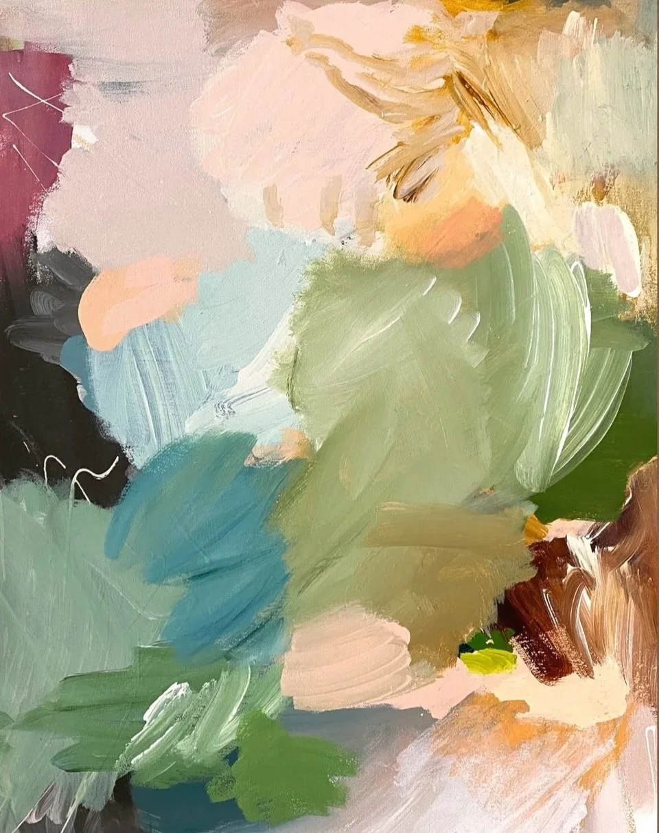 Abstract painting with broad brushstrokes in pastel colors including pink, green, blue, cream, and brown.