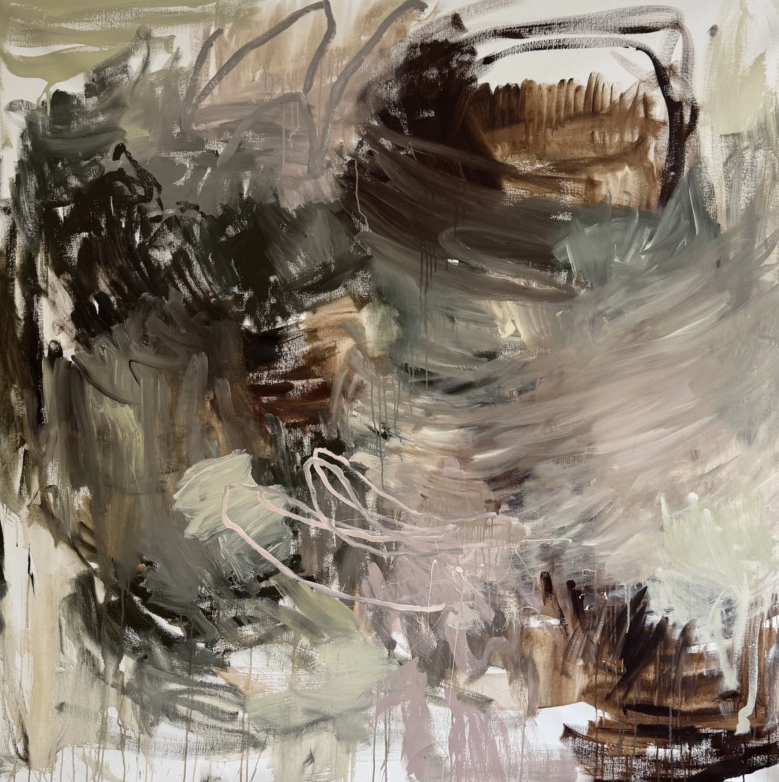 Abstract painting with bold, sweeping brushstrokes in black, gray, brown, olive green, and hints of pink and white. The composition is dynamic and expressive, with a textured surface and drips of paint.