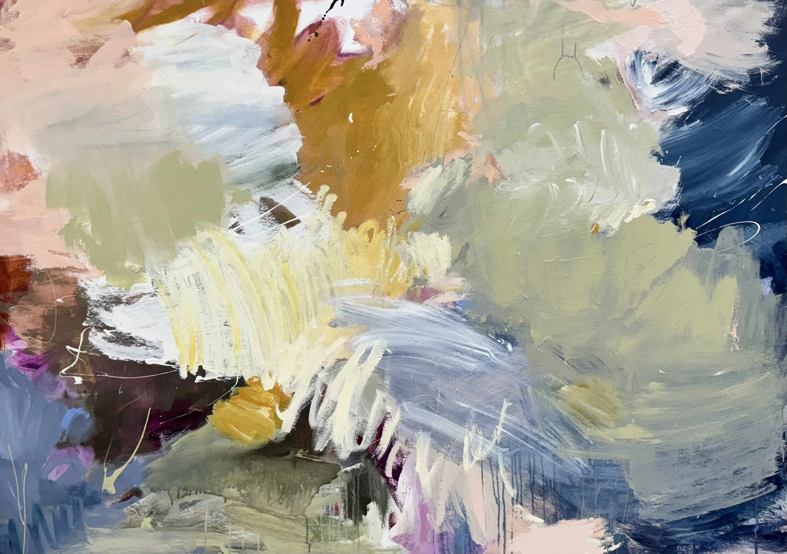 An abstract painting with bold brushstrokes and mixed colors, including shades of blue, pink, yellow, white, and black.