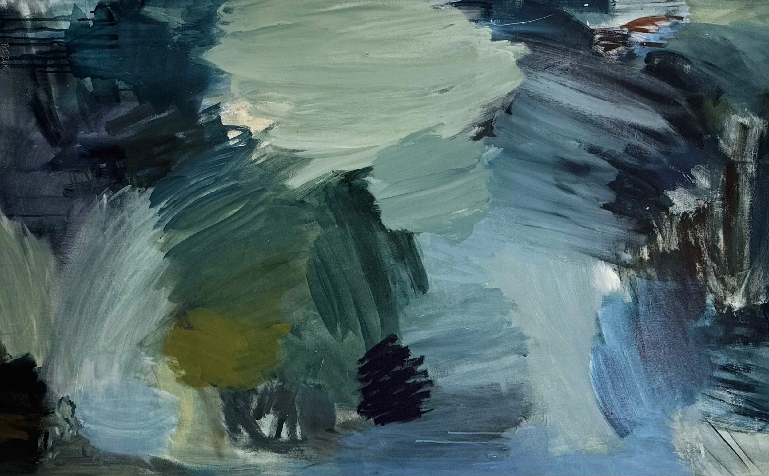 An abstract painting with broad strokes of dark blue, green, white, and black colors.
