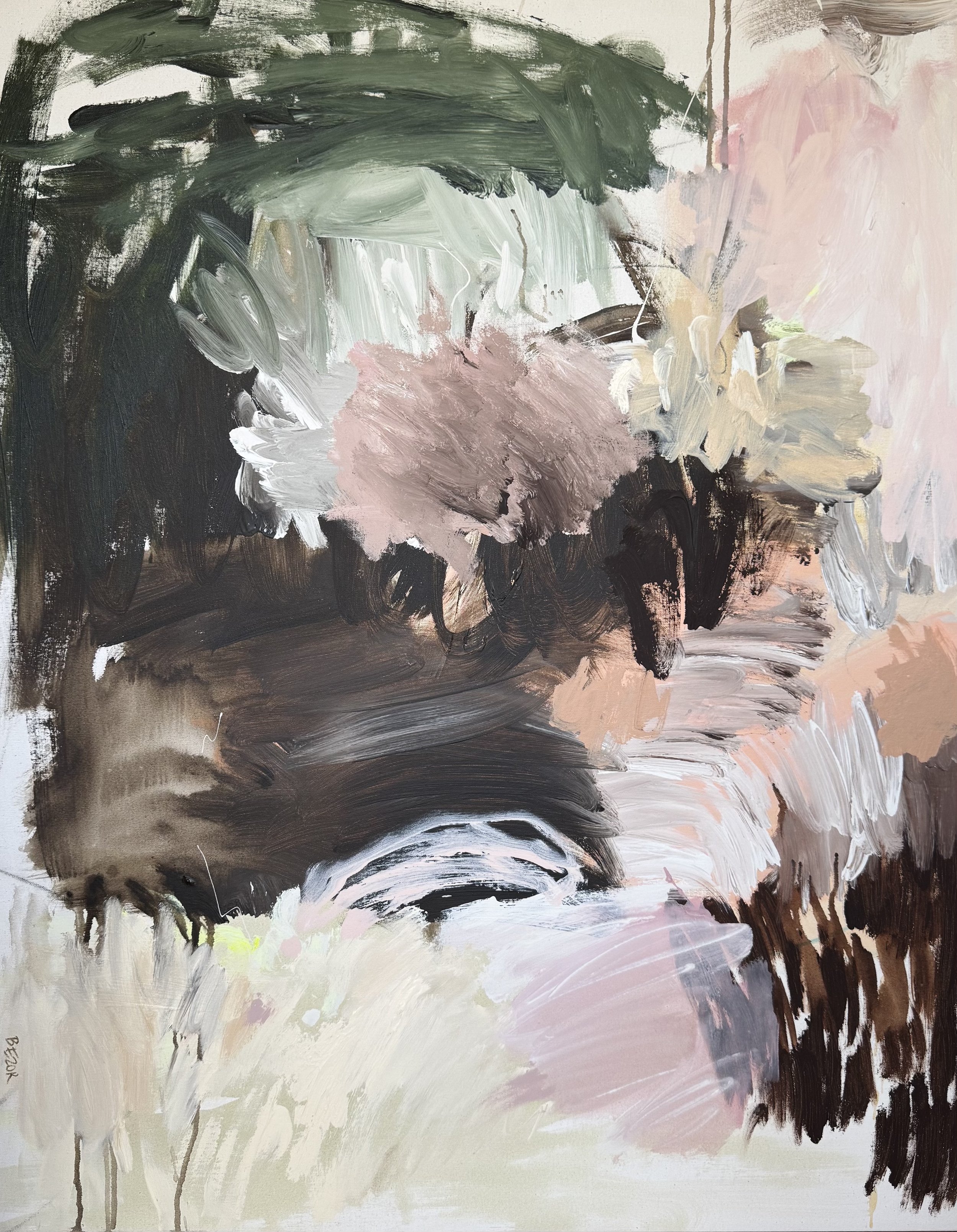 An abstract painting with broad, sweeping brushstrokes in shades of dark green, black, white, pink, and beige.