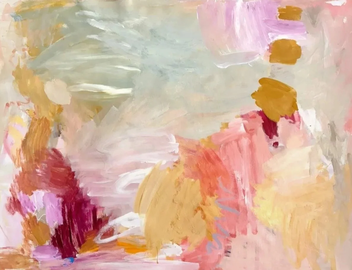 Abstract painting with pastel colors including pink, yellow, orange, white, and hints of purple, with brushstrokes and layered textures.