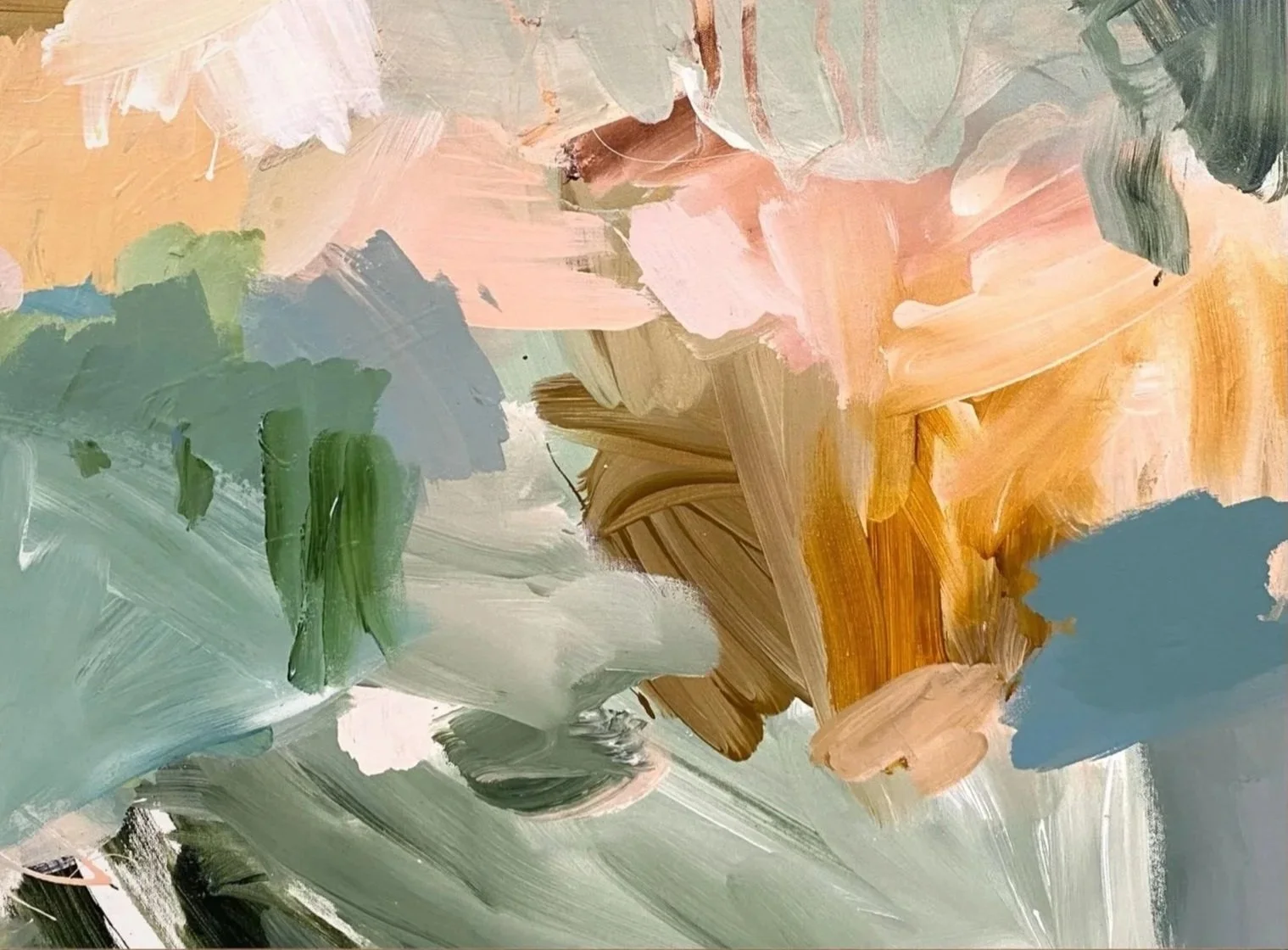 Abstract painting with broad pallet of pastel and earthy colors including green, pink, peach, brown, beige, and gray, with visible textured brushstrokes.