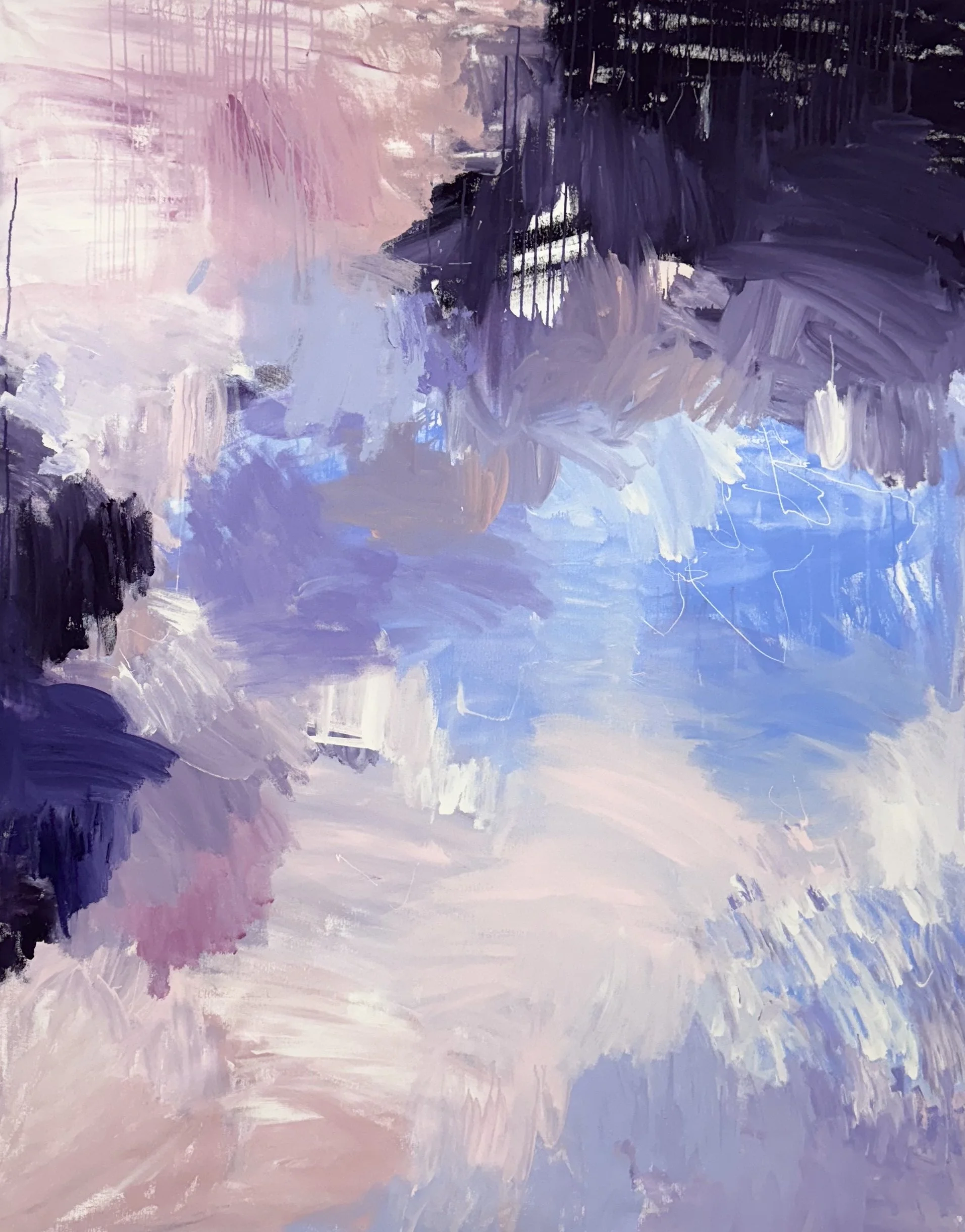 Abstract landscape painting with soft pastel colors, including shades of purple, pink, blu, and white, with brushstrokes suggesting mountains, sky, and water.