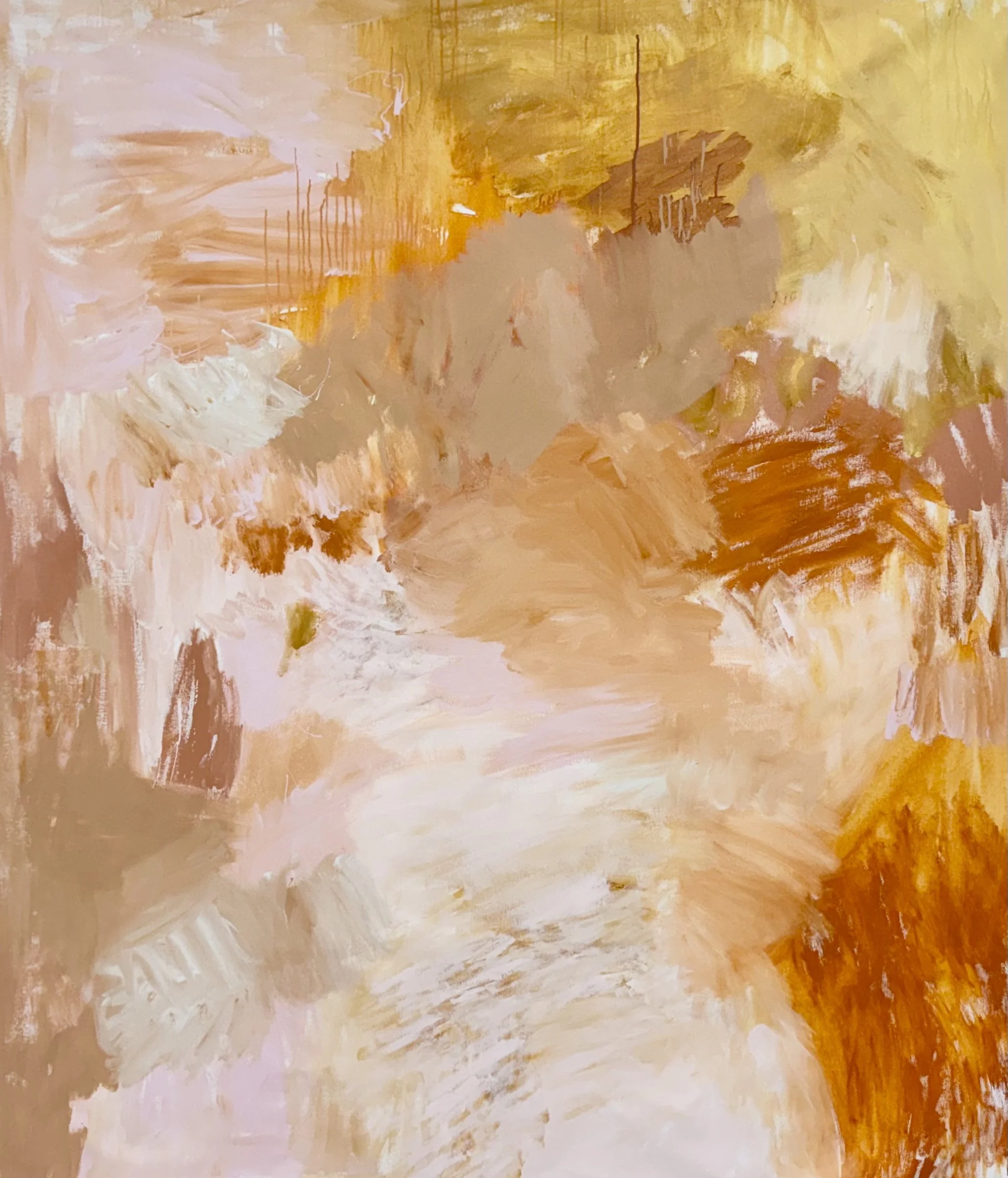 Abstract painting with warm colors including shades of yellow, orange, pink, and brown with brushstrokes and textures.