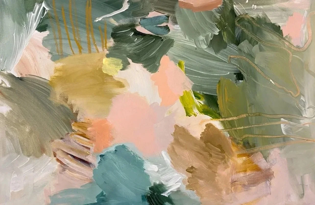 Abstract floral painting with pastel colors and brushstrokes of pink, green, beige, and peach.