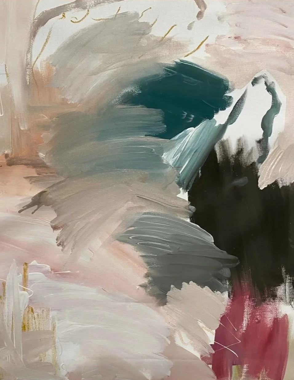 Abstract painting with large brushstrokes in shades of grey, black, beige, pink, and hints of gold.