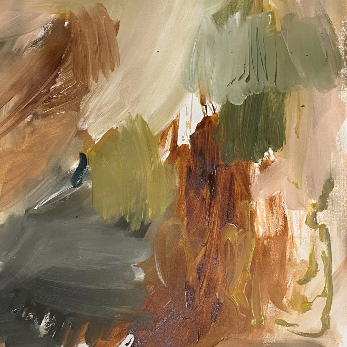 Abstract impressionist painting with broad brushstrokes in earthy tones including browns, greens, grays, and hints of white and black.