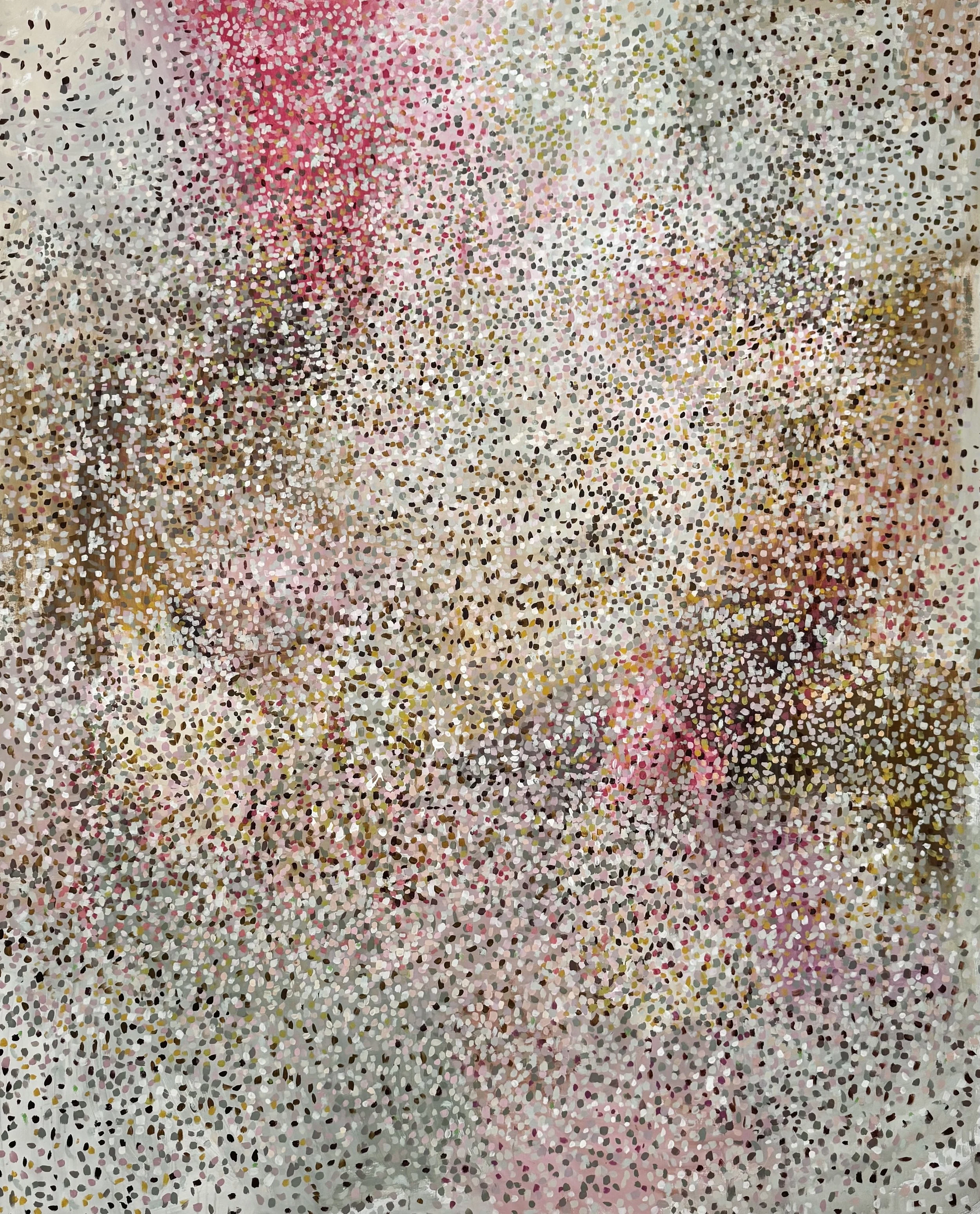 Abstract painting made up of small, colorful brushstrokes in pink, white, brown, black, and gold tones, creating a textured, mosaic-like pattern.
