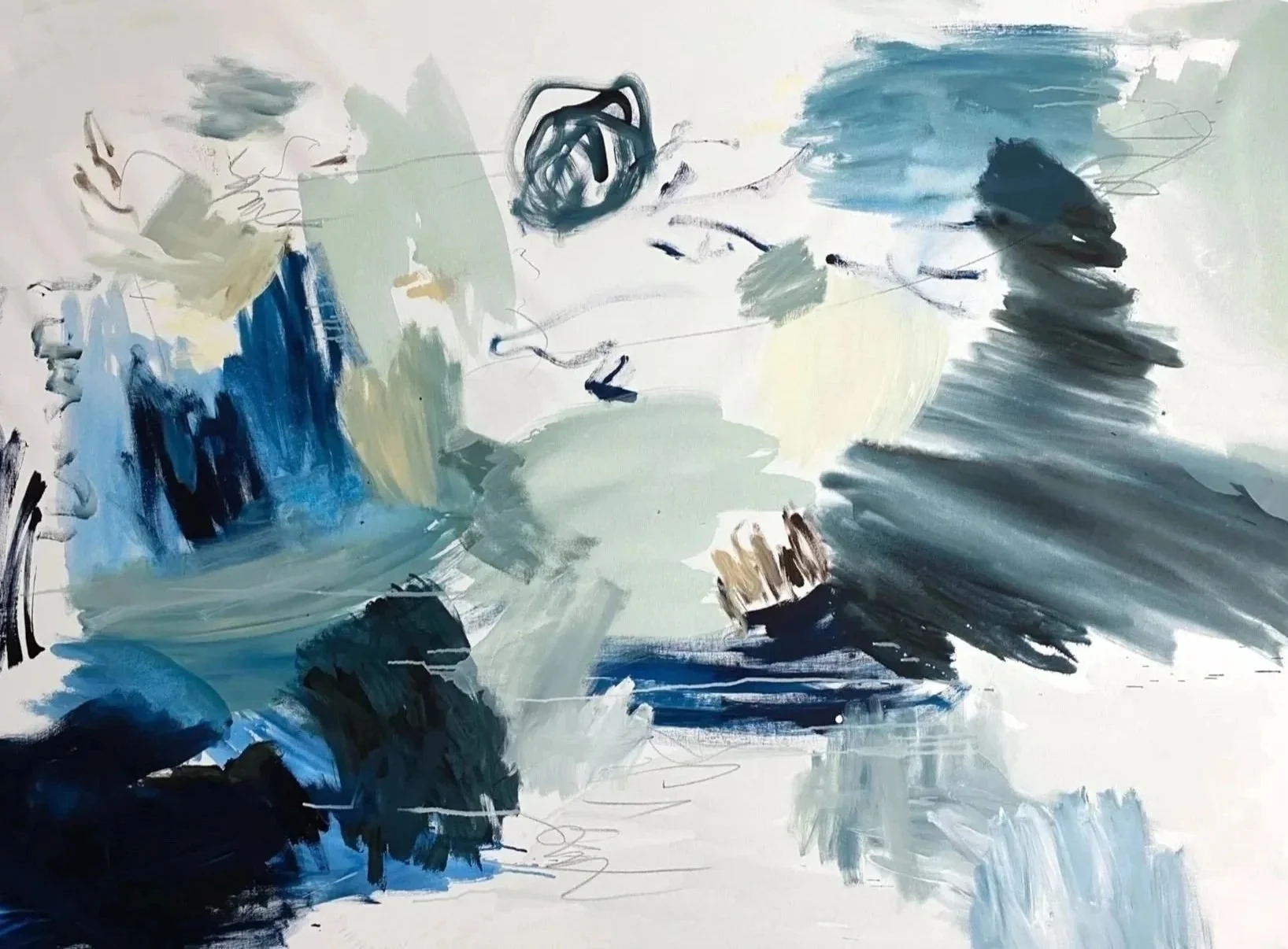 Abstract painting with broad brushstrokes in shades of blue, gray, black, and hints of yellow, white, and tan.