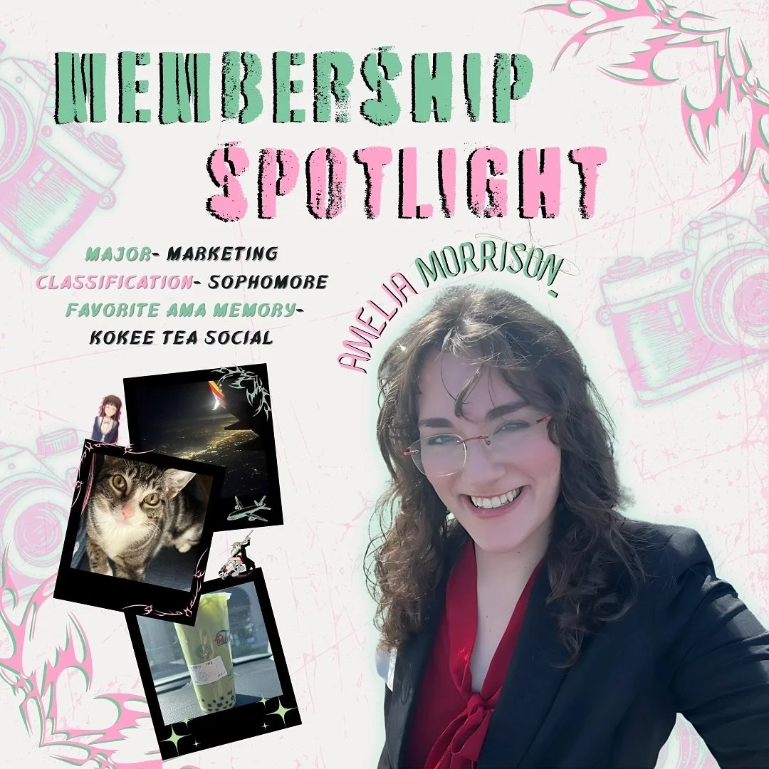 Member Spotlight: Amelia!!🐈

Amelia Morrison is a sophomore majoring in Markering! She is our MOST active member🔥and always brings her positive energy to our events!! We recognize her AMAzing contribution to this org and we are happy to have her be