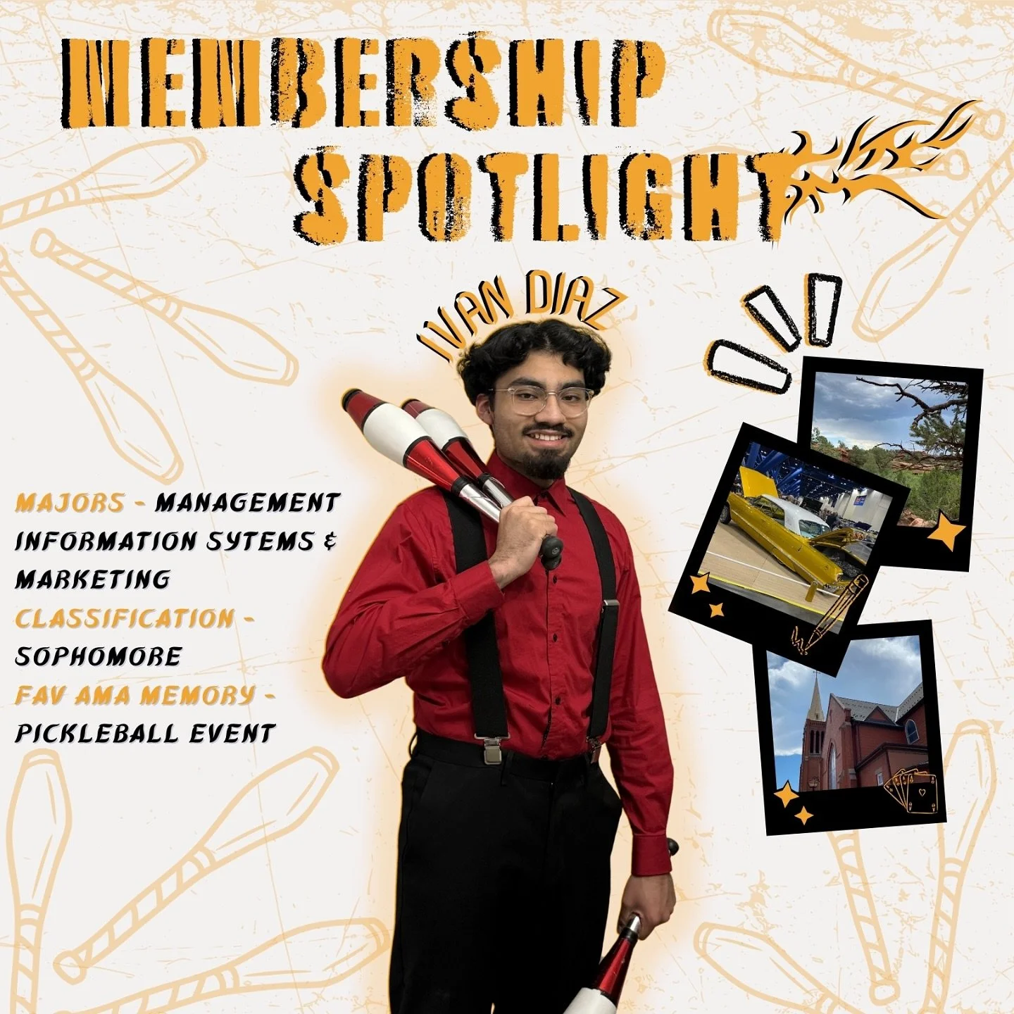 Member Spotlight: Ivan Diaz🔥

Ivan Diaz is a sophomore majoring in Management Information Systems &amp; Marketing! He is a design intern this semester and he LOVES to juggle!🤹🏻&zwj;♂️ One of his favorite memories this semester was the Pickleball E
