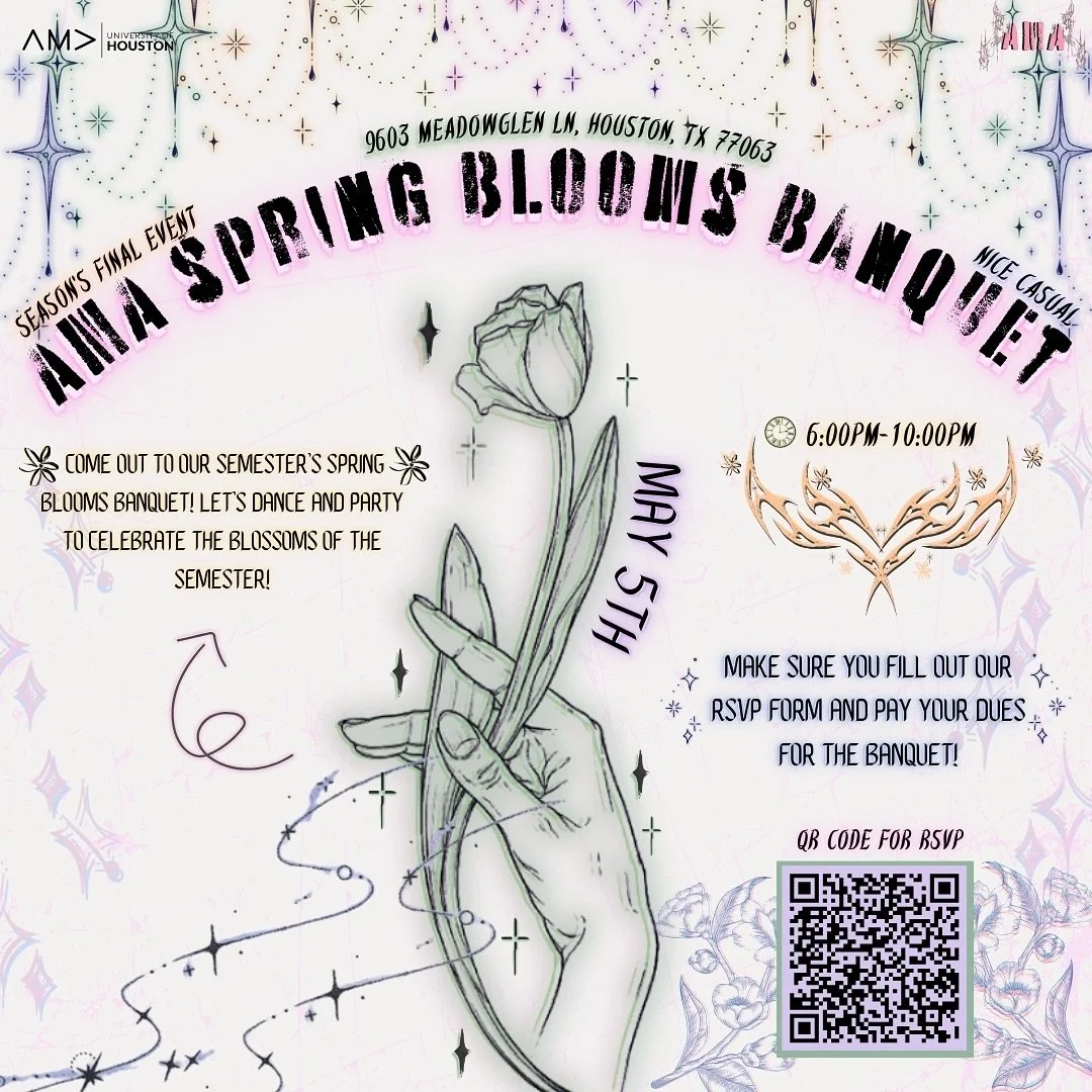 Time to wrap things up, fAMAly! 🎊 Next Monday, come out to celebrate the blossoms of the semester at our Spring Blooms banquet &amp; dance and party with us!! 💃🕺💐🪷

📍 9603 Meadowglen Ln, Houston TX 77063
⏰  6:00 PM - 10:00 PM
👔 Nice Casual
🗓️
