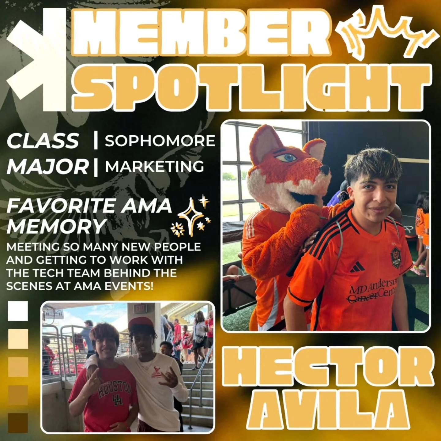 Hey fAMALy! 👋
We&rsquo;re highlighting another one of our active members this semester, Hector! 🙌
Currently a sophomore majoring in Marketing, Hector has been getting involved behind the scenes and helping bring AMA events to life 🔥
His favorite A